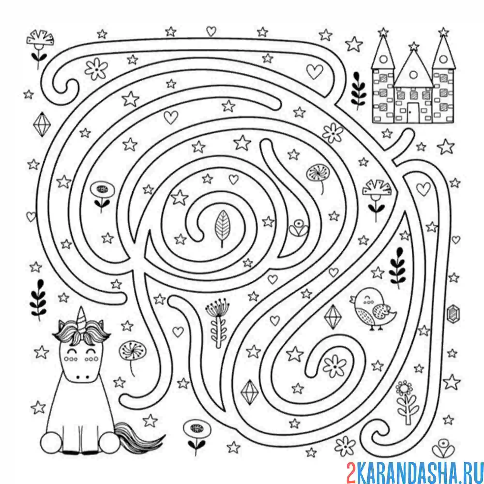 Раскраска лабиринт единорог и замок