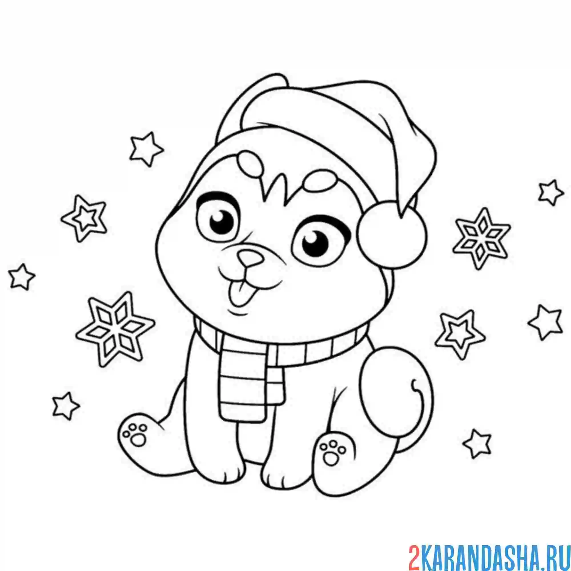 Раскраска новогодний милый хаски