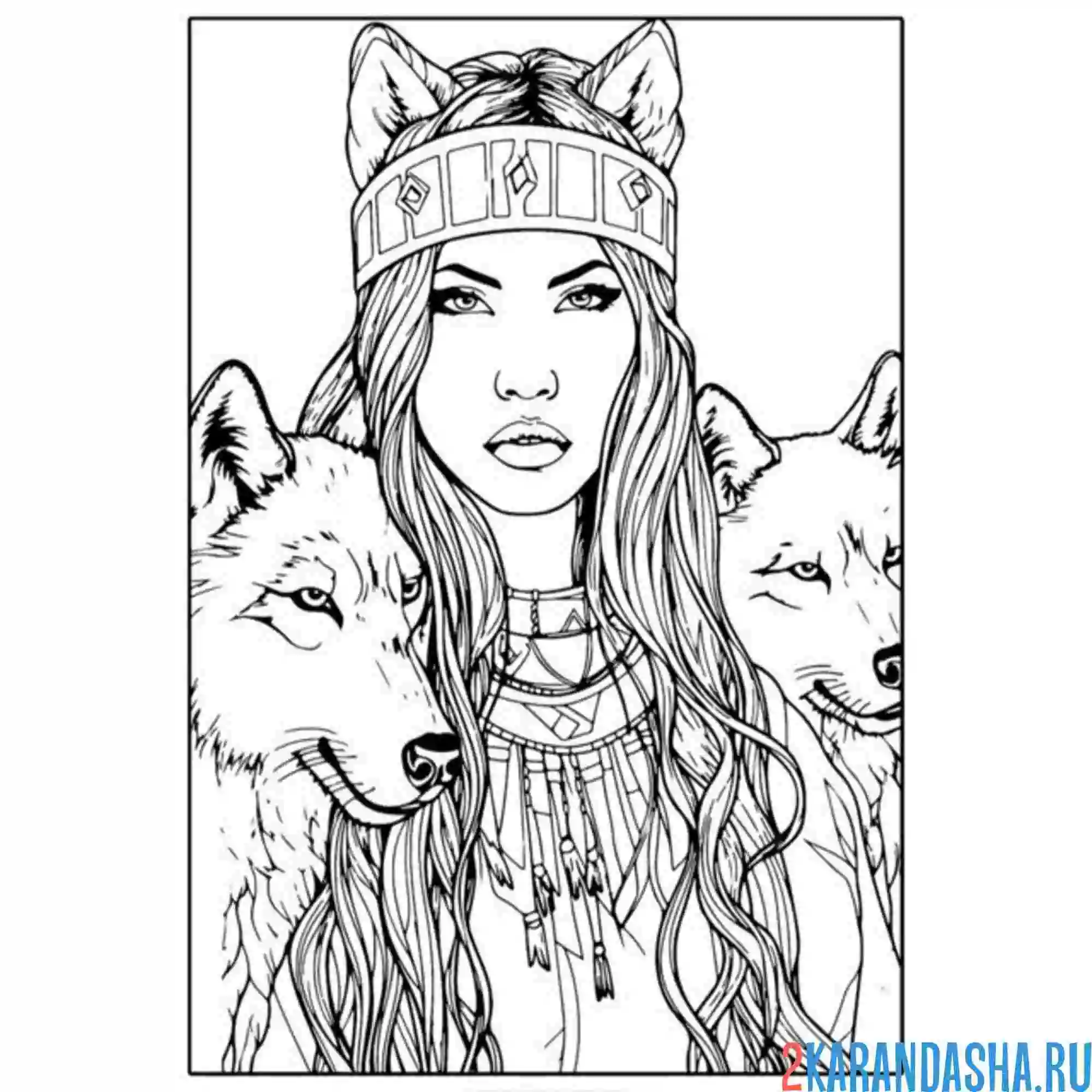 Раскраска девушка и две хаски