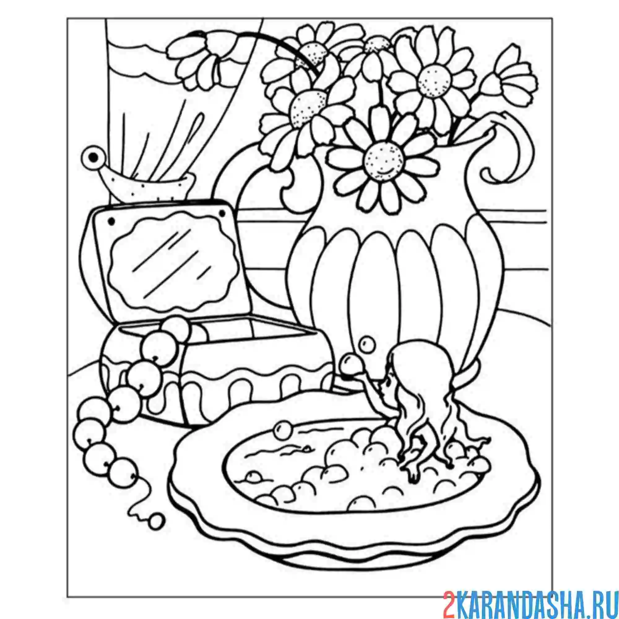 Раскраска дюймовочка дома в тарелочке