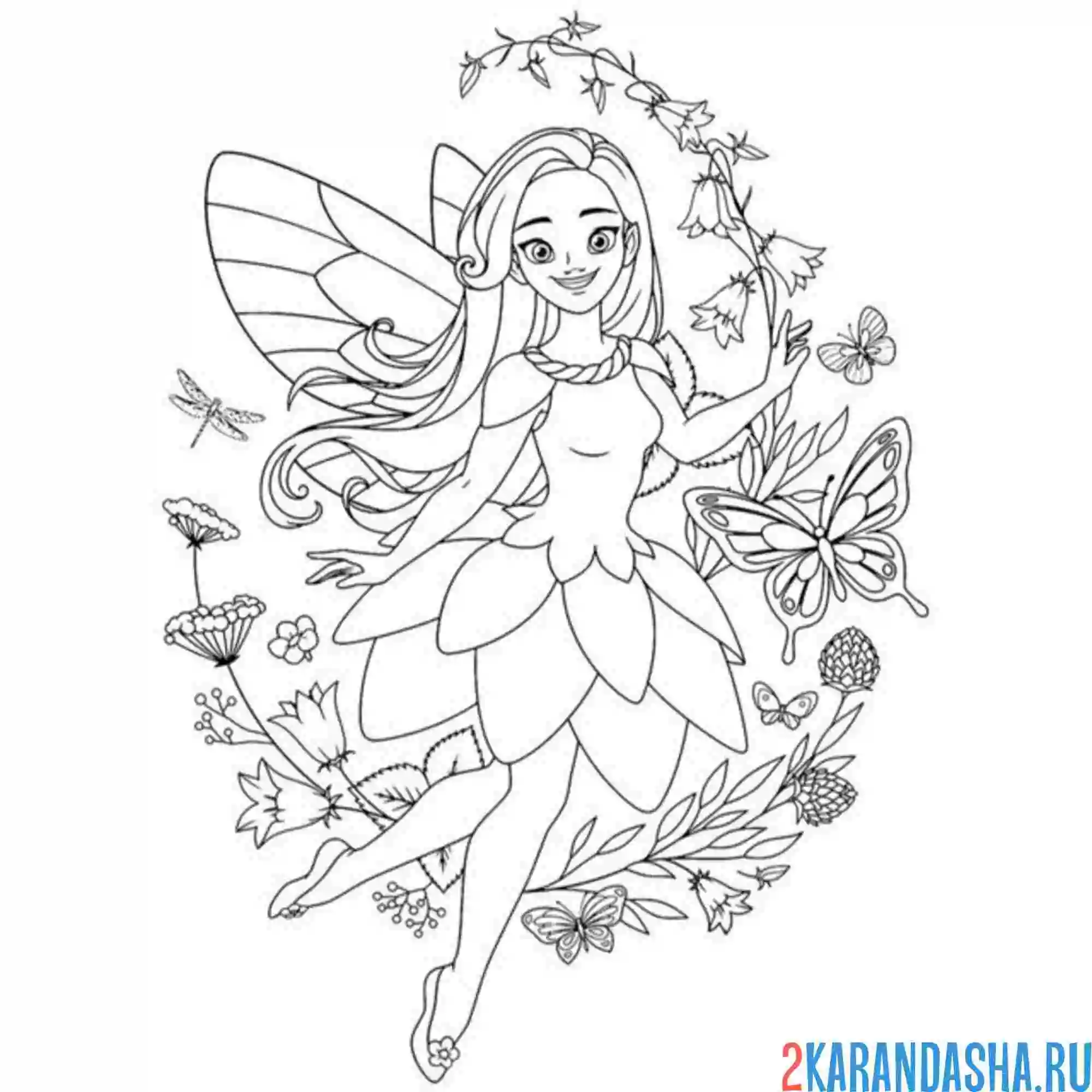 Раскраска фея с крыльями в платье