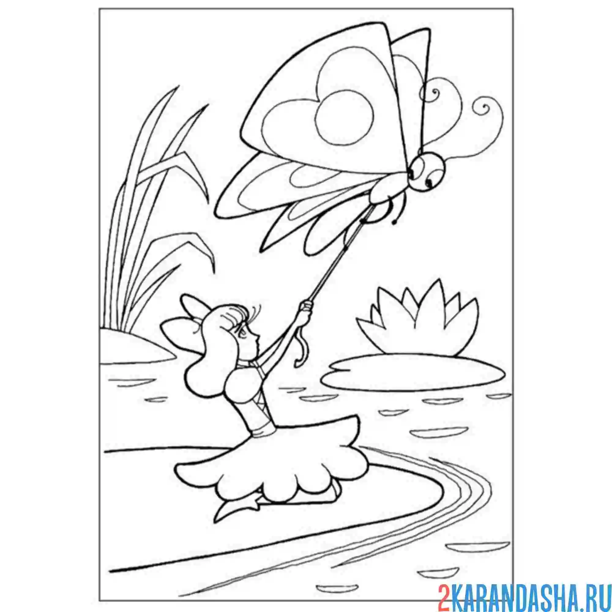 Раскраска дюймовочка улетает с бабочкой