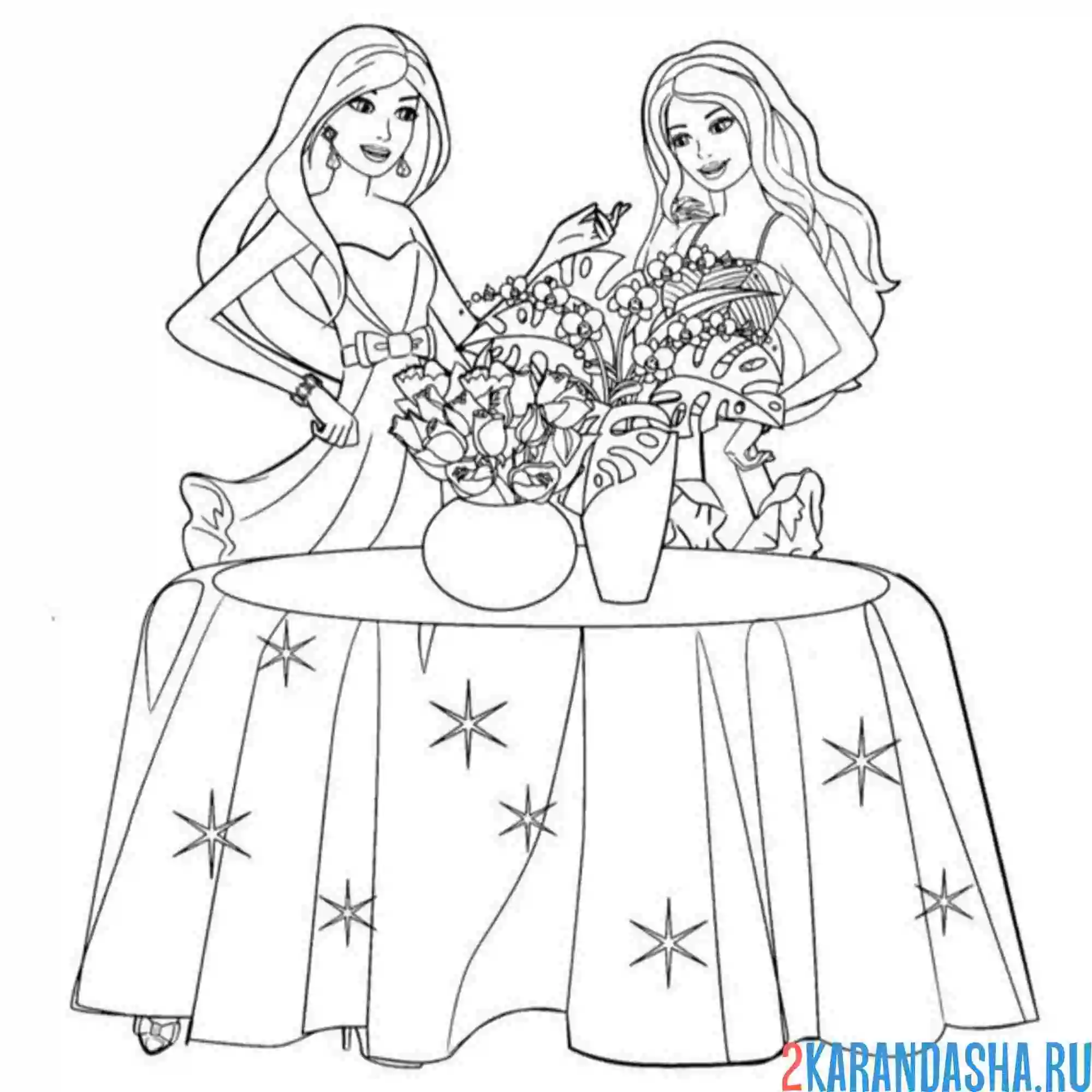 Раскраска барби и стол с цветами