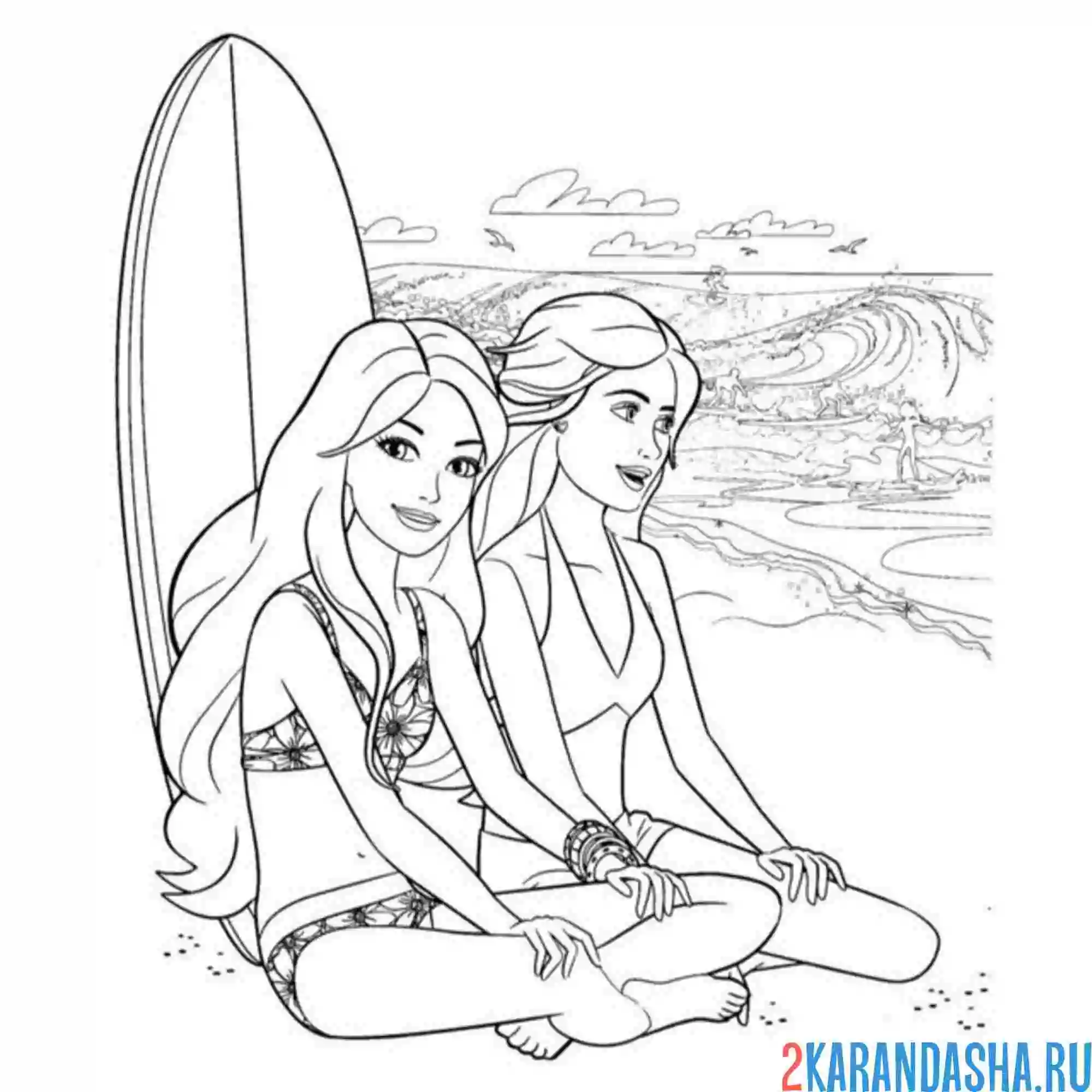 Раскраска две барби на пляже
