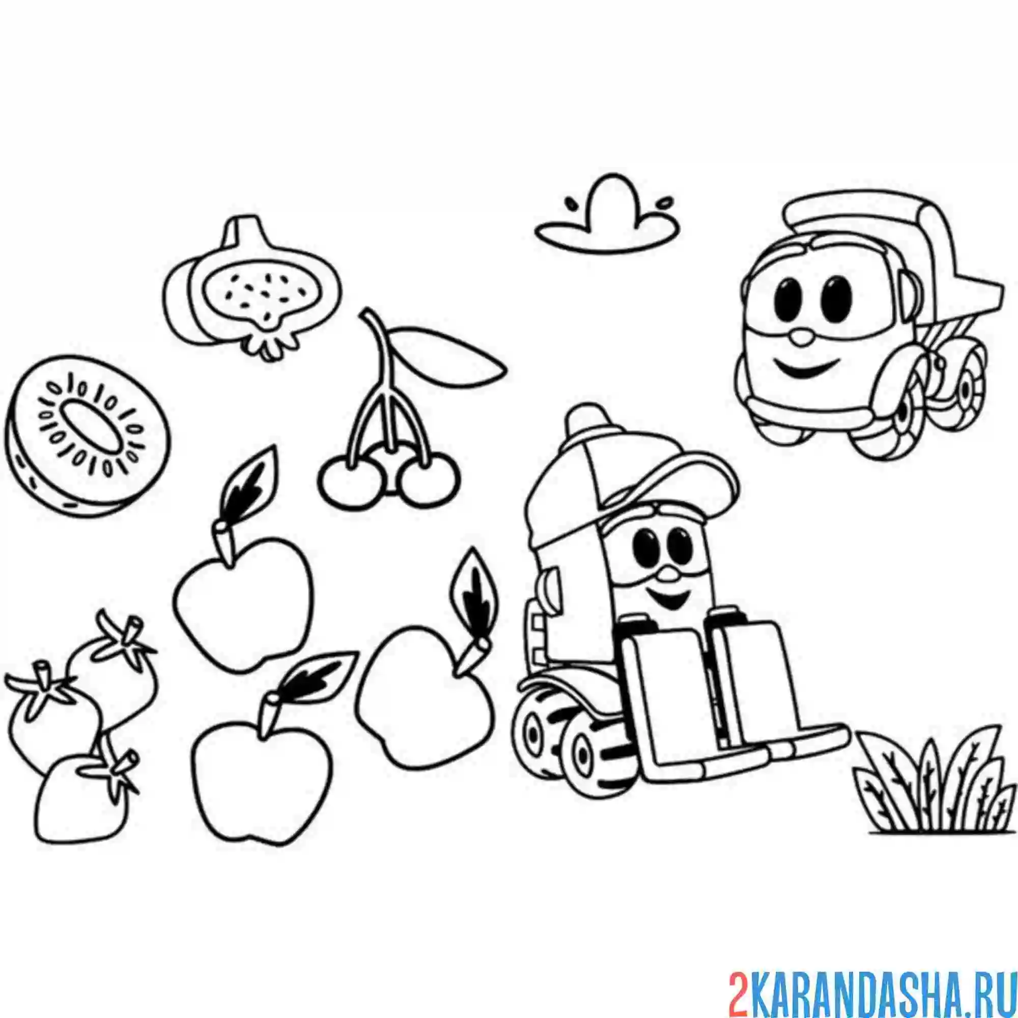 Раскраска лева грузовичок и погрузчик грузик