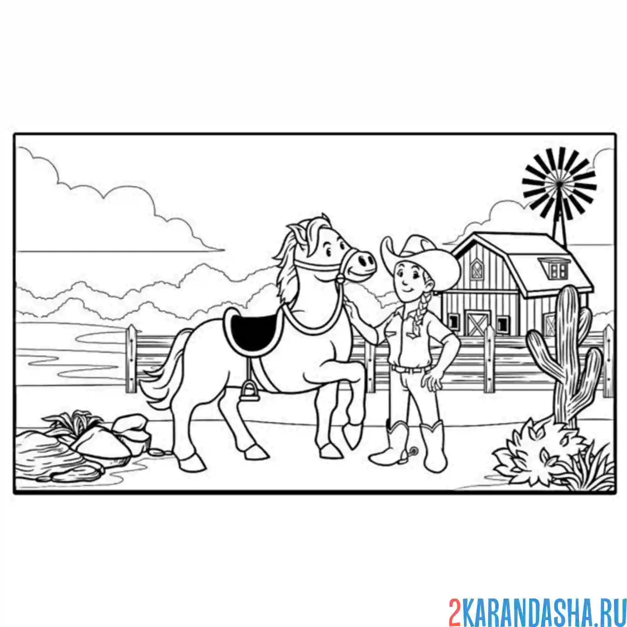 Раскраска девочка и лошадь с кактусами