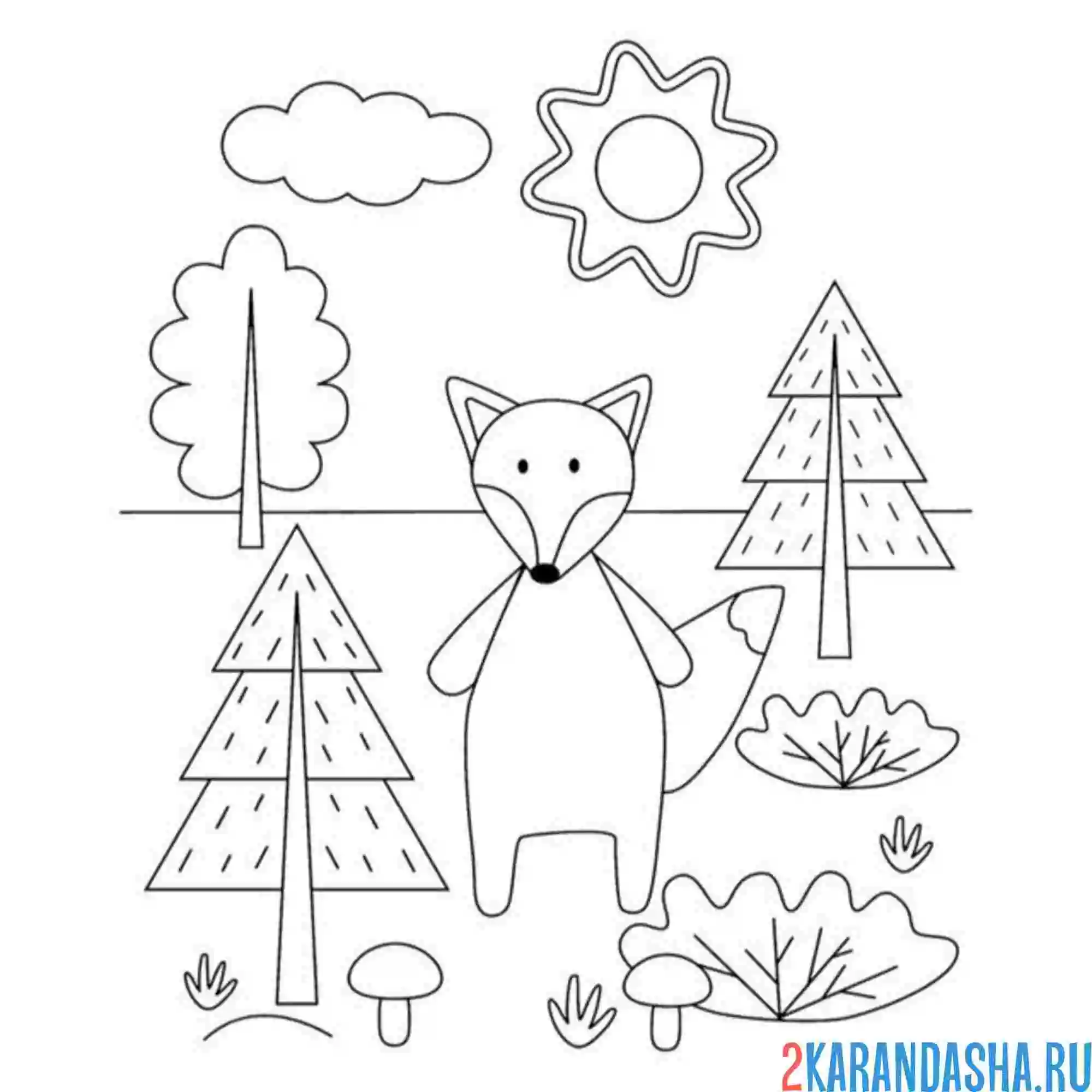 Раскраска лиса в лесу