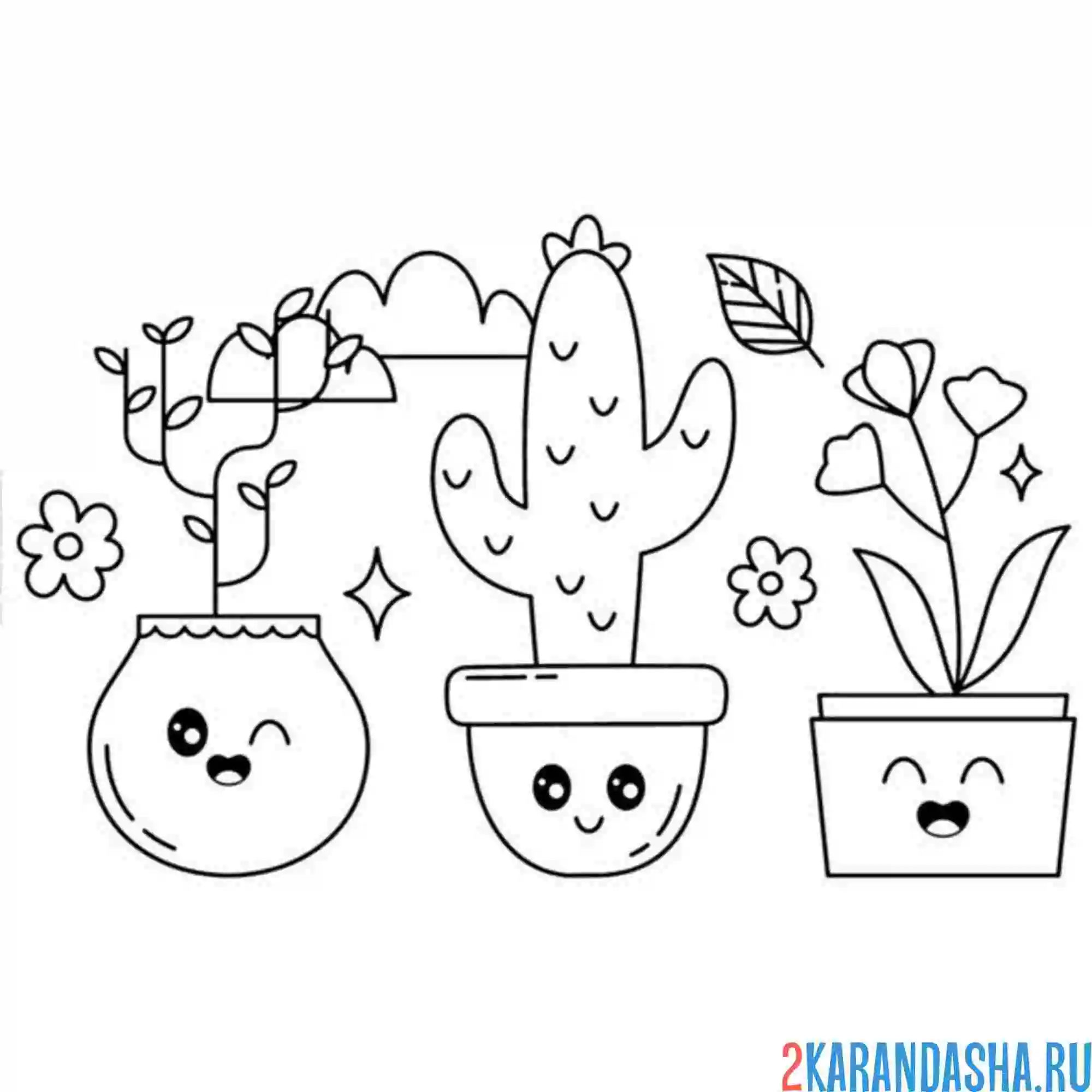 Раскраска разные цветы в горшках