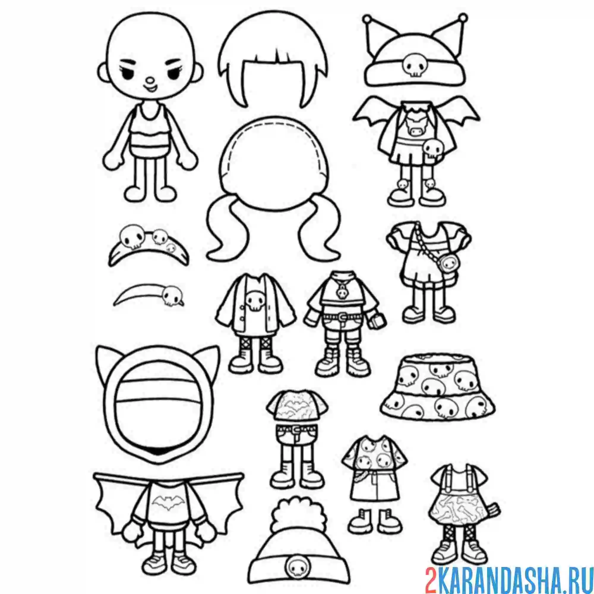 Раскраска тока бока одежда и прически для персонажей