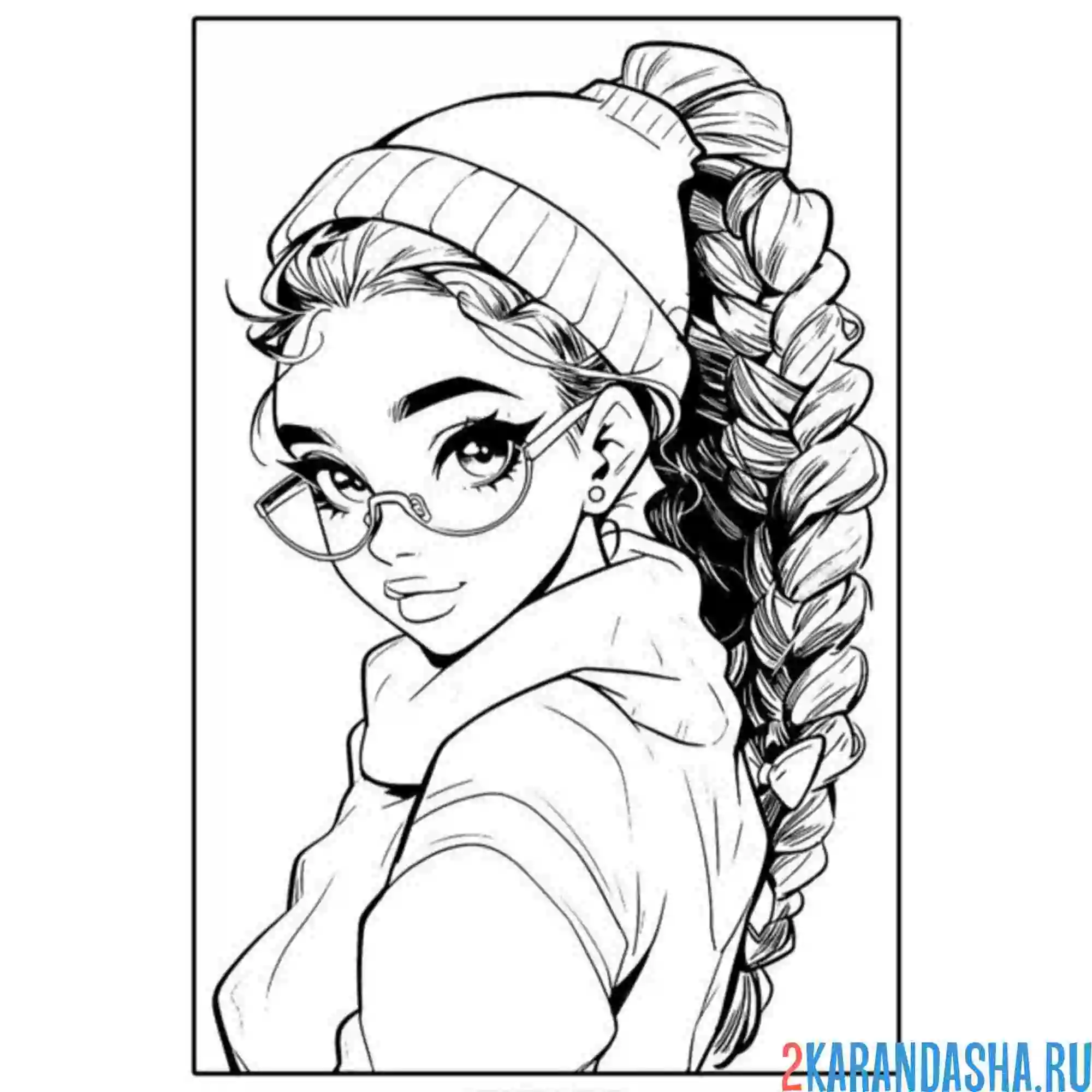 Раскраска девушка с косичкой в очках. волосы и прическа