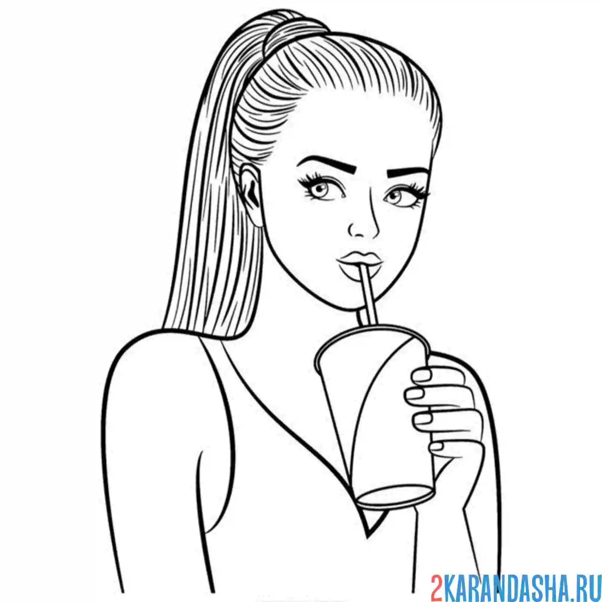 Раскраска девушка с хвостом пьет кофе