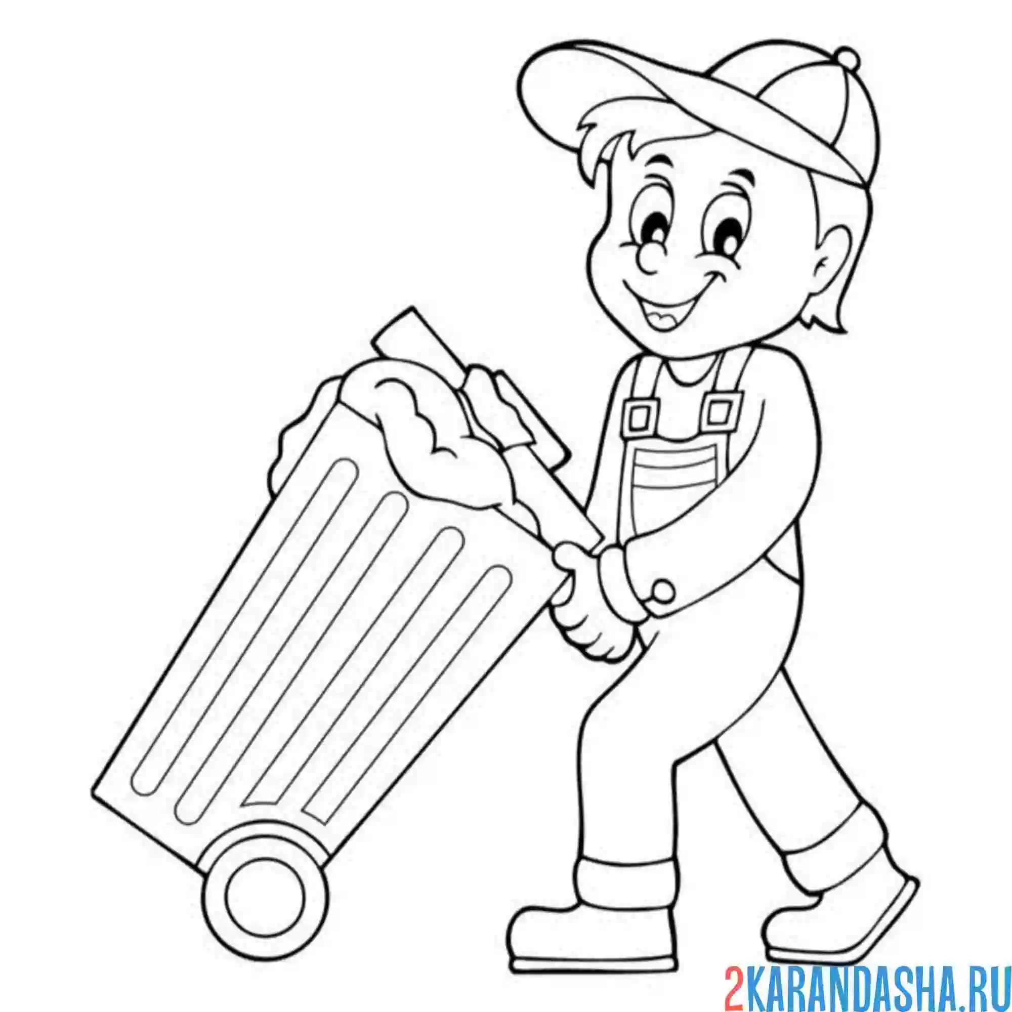 Раскраска уборщик везет мусор