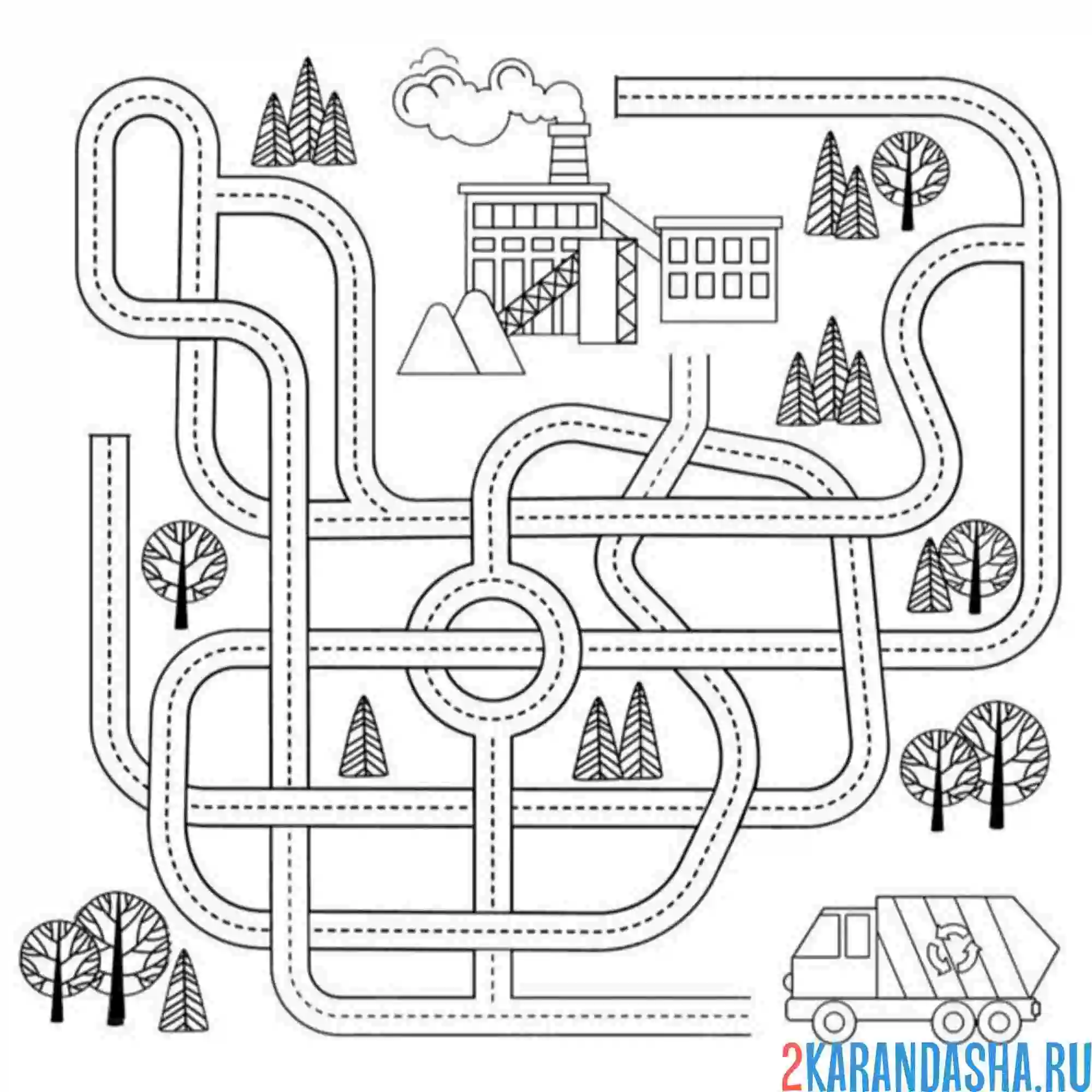Раскраска лабиринт мусоровоз и завод