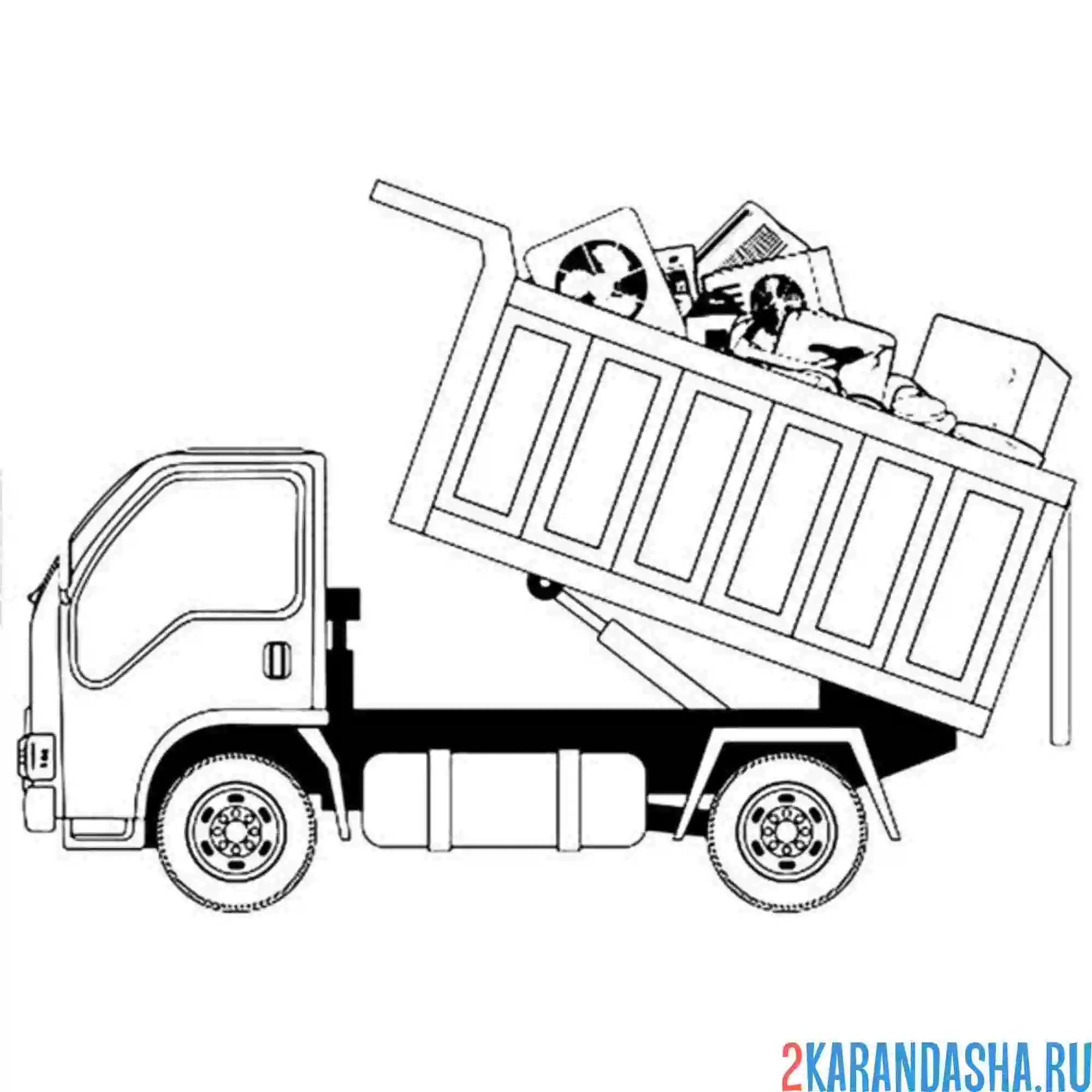 Раскраска мусоровоз приехал на свалку