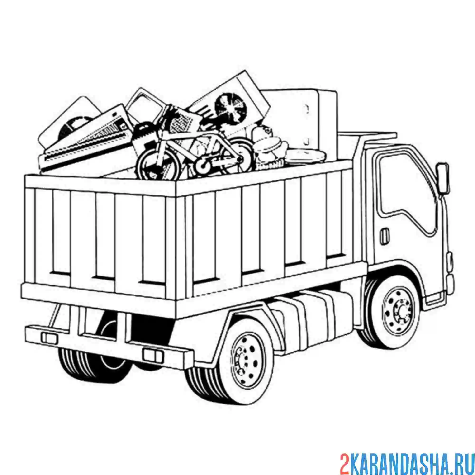Раскраска мусоровоз большой и мусор