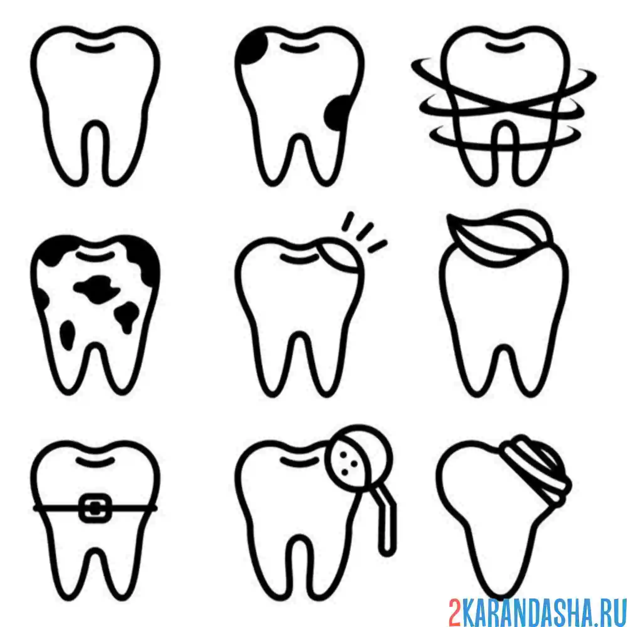 Раскраска разные иконки зубов