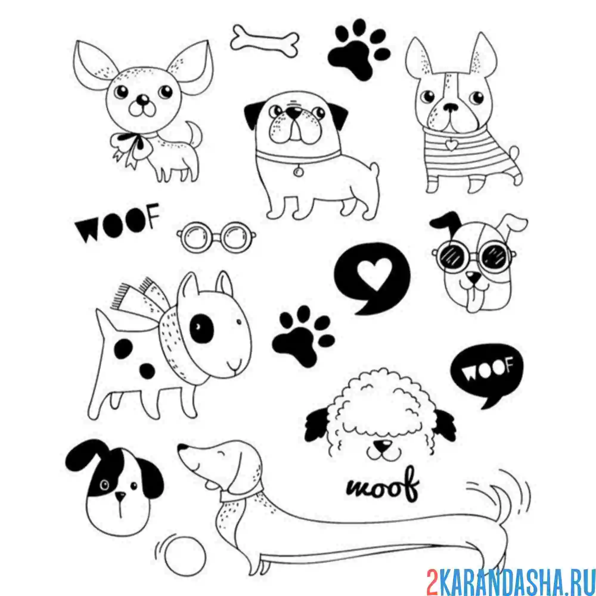 Раскраска такса и разные собаки
