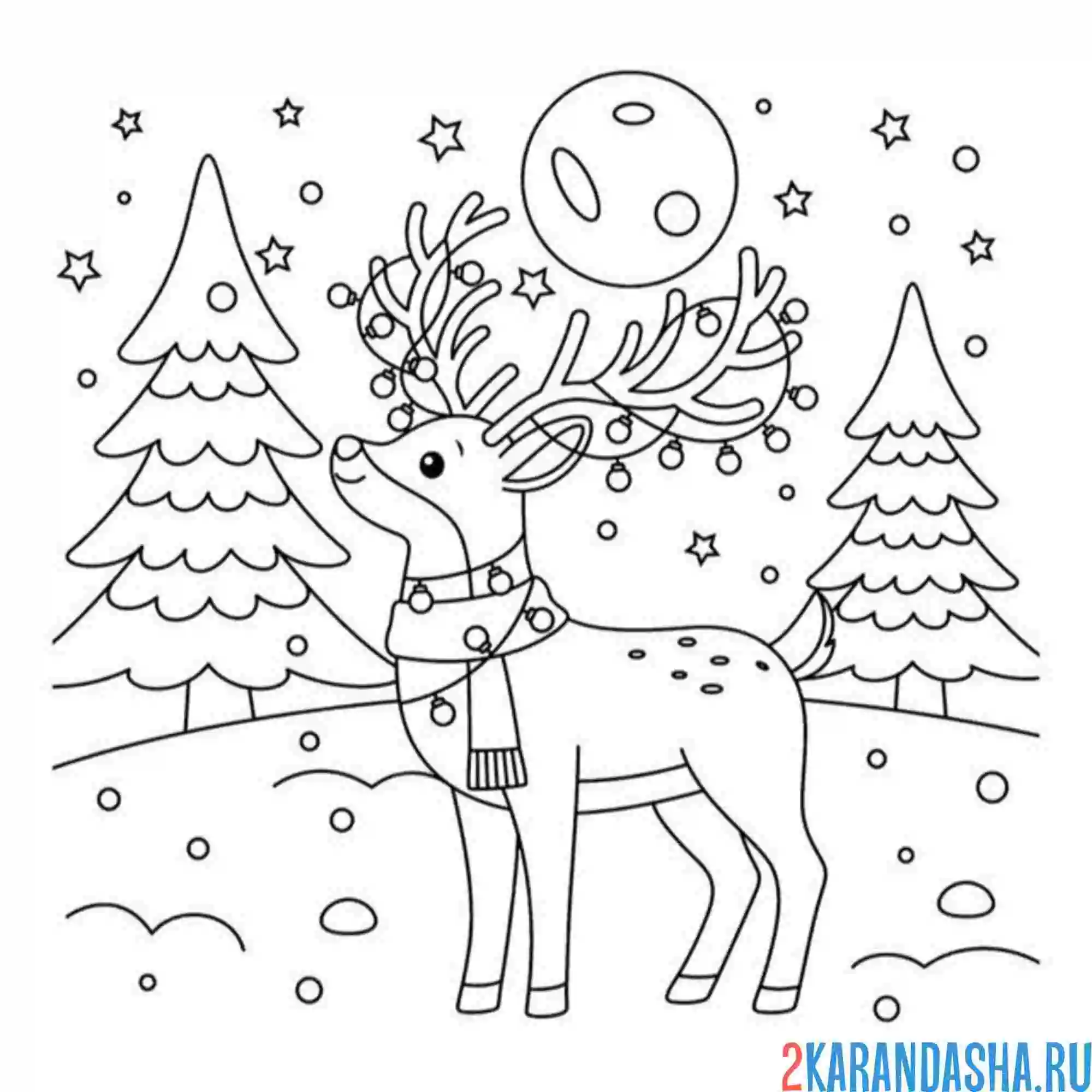 Раскраска олень снег 2025 год
