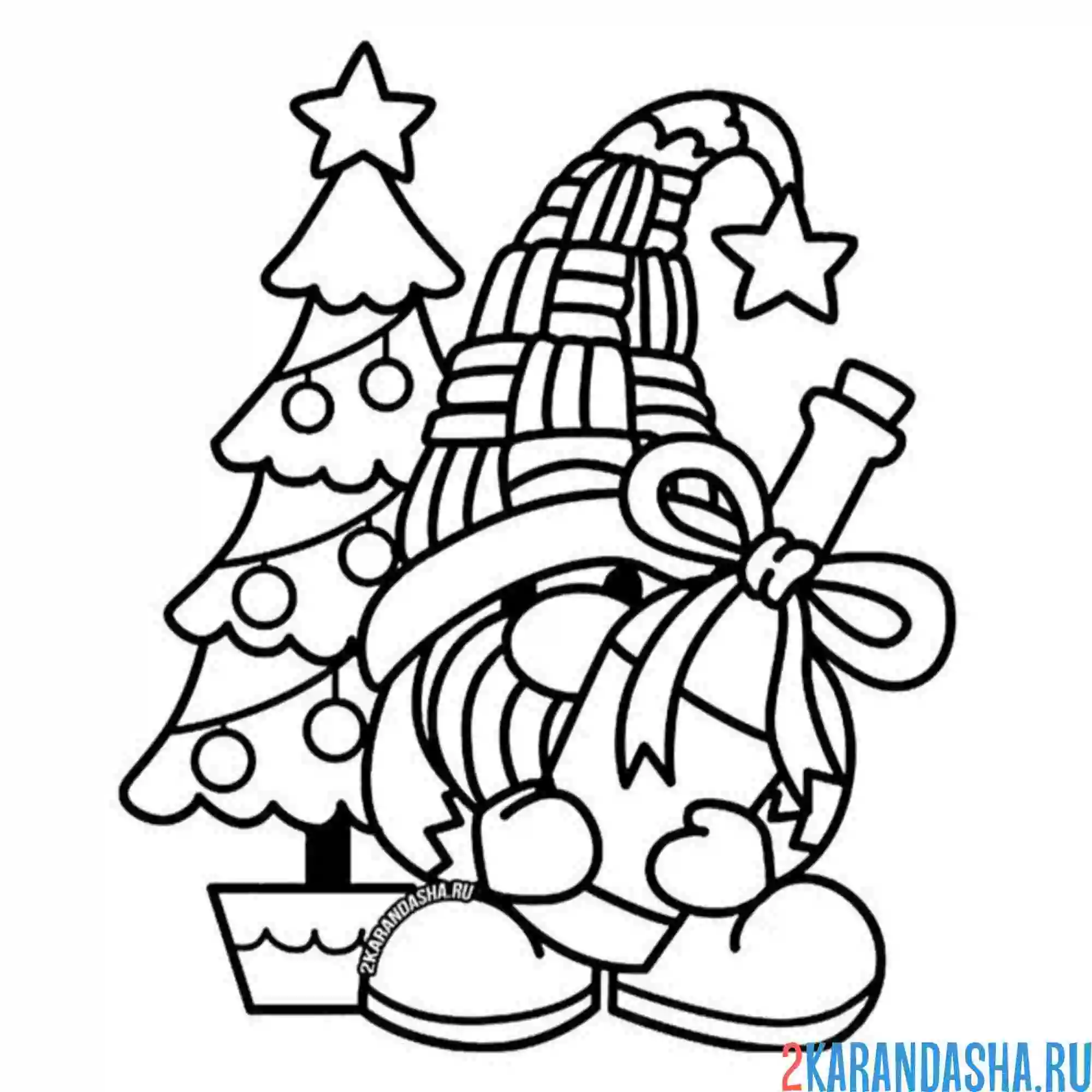 Раскраска новогодний гном и елка 2025