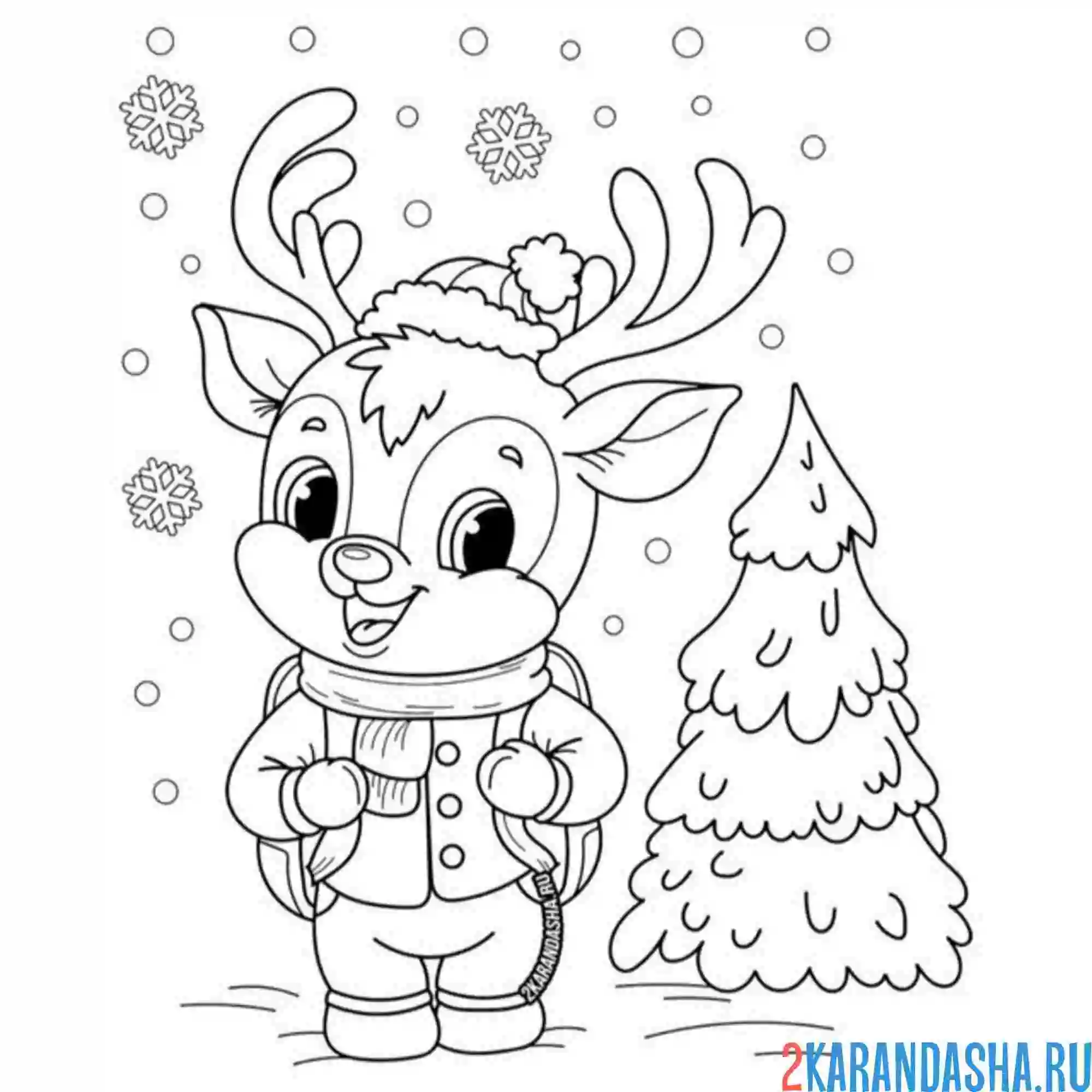 Раскраска новогодний олень с елкой