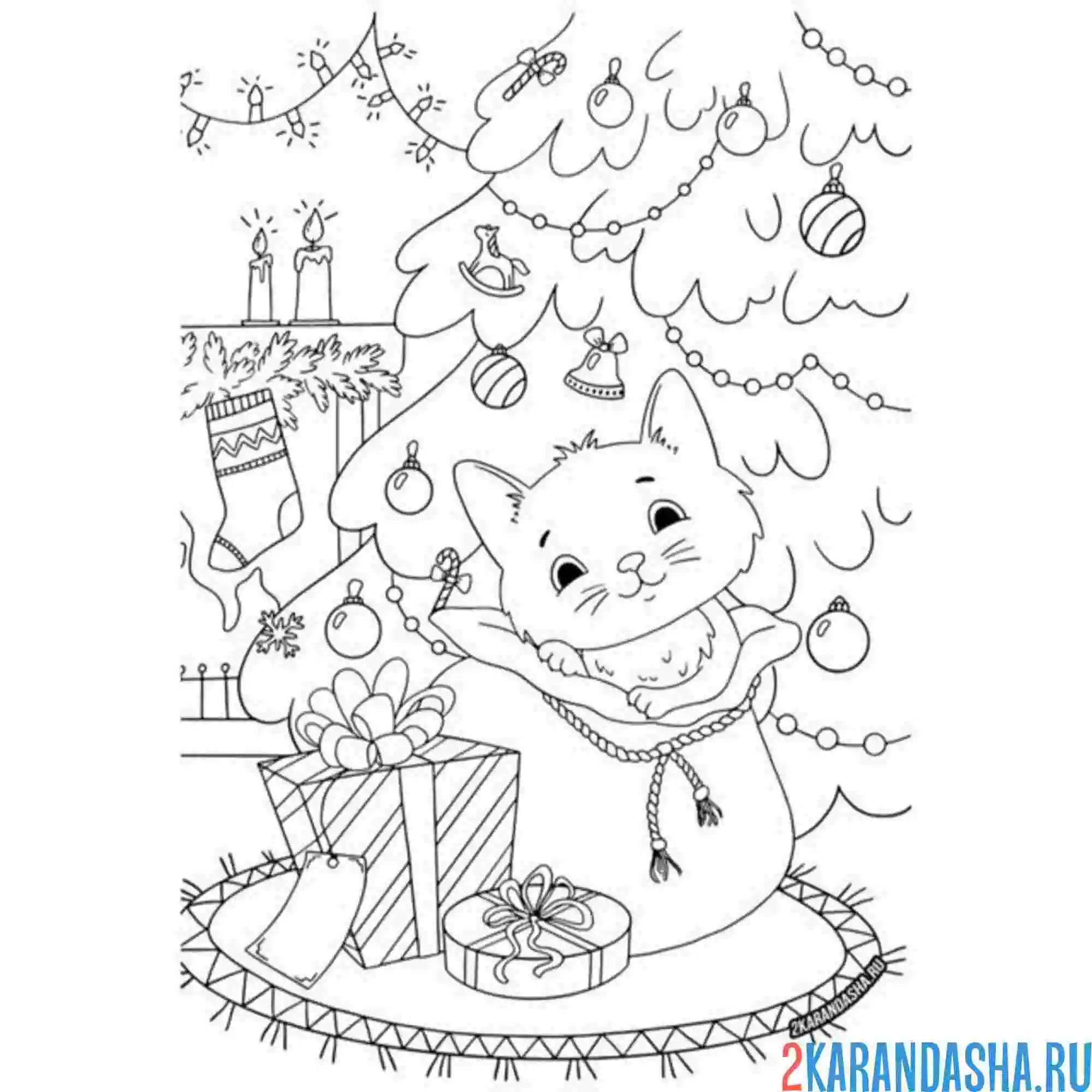 Раскраска новогодний котик в мешке