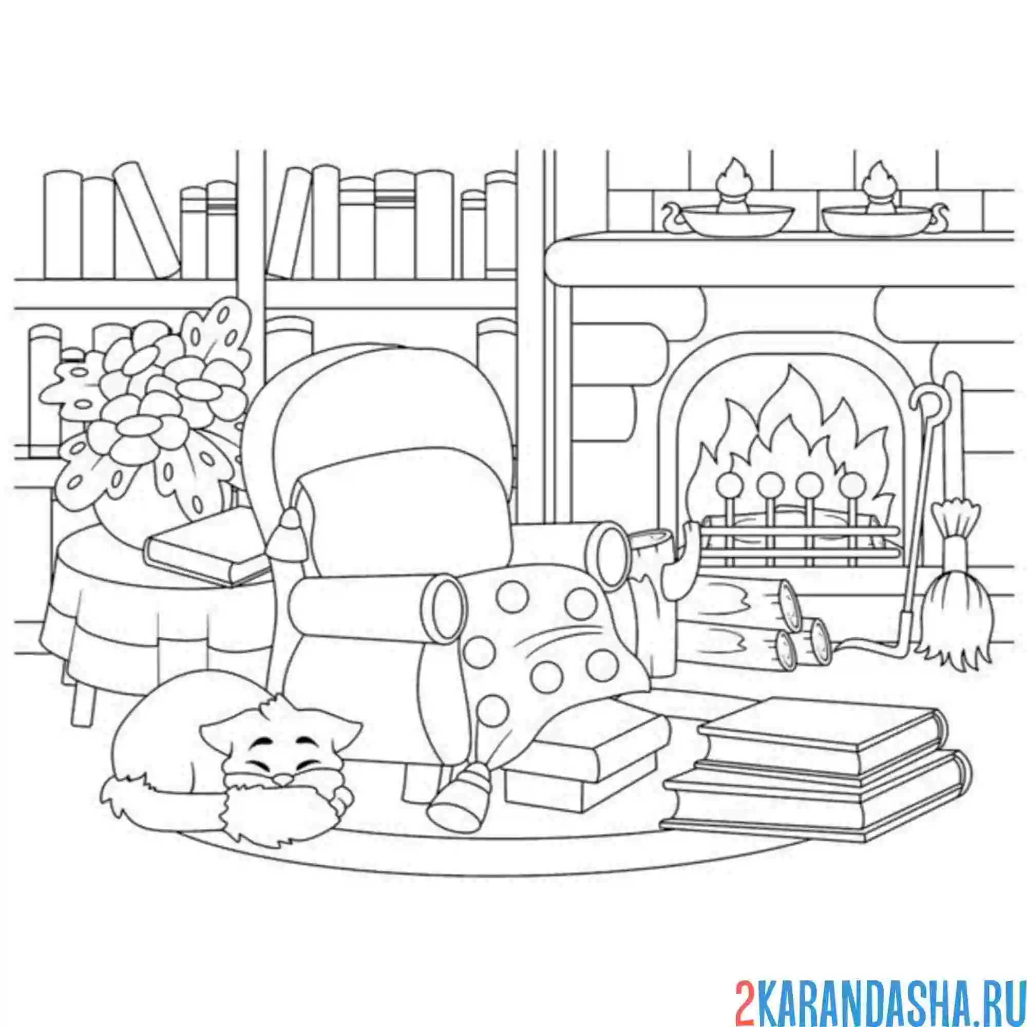 Раскраска новогодний котик спит в доме