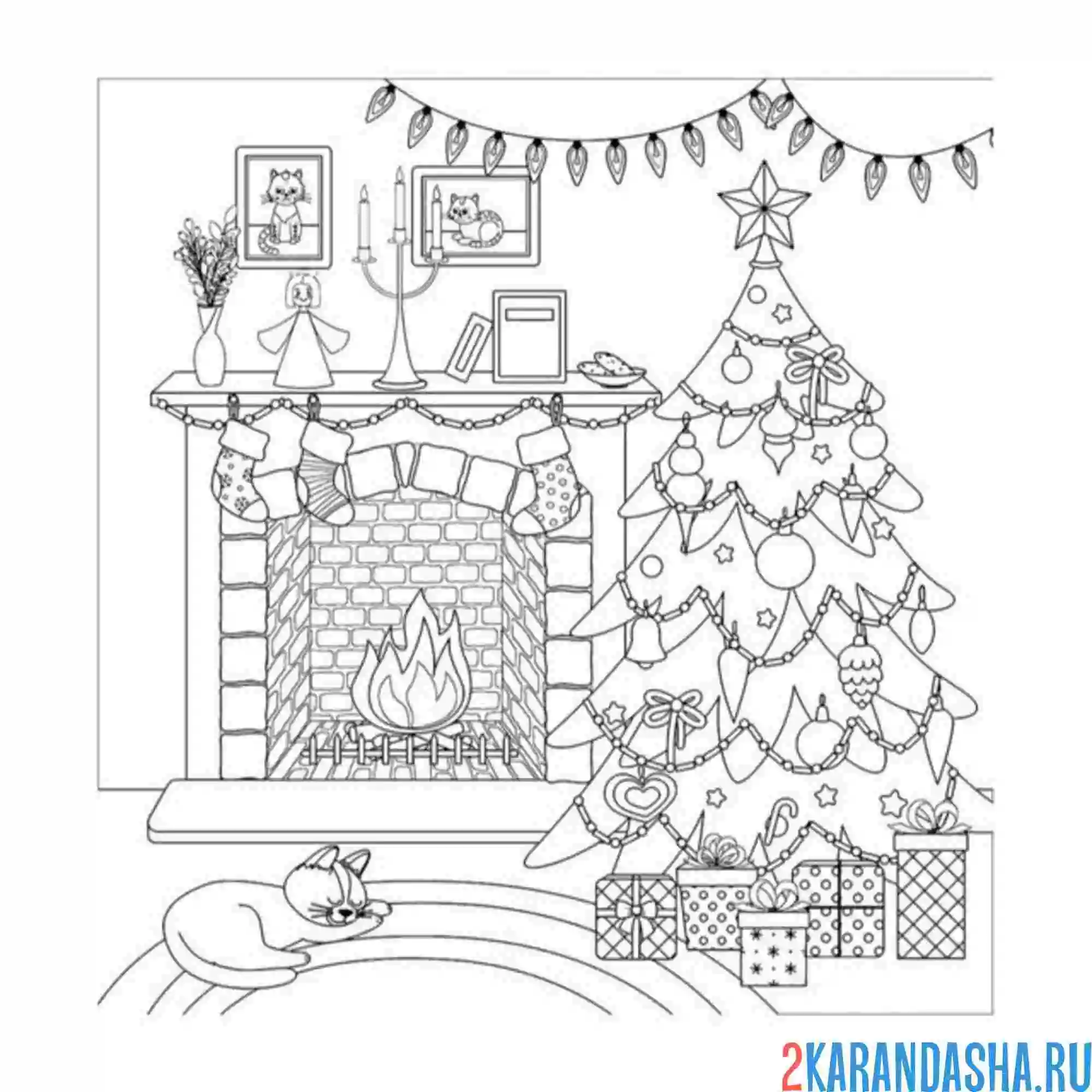 Раскраска новогодний дом и котик