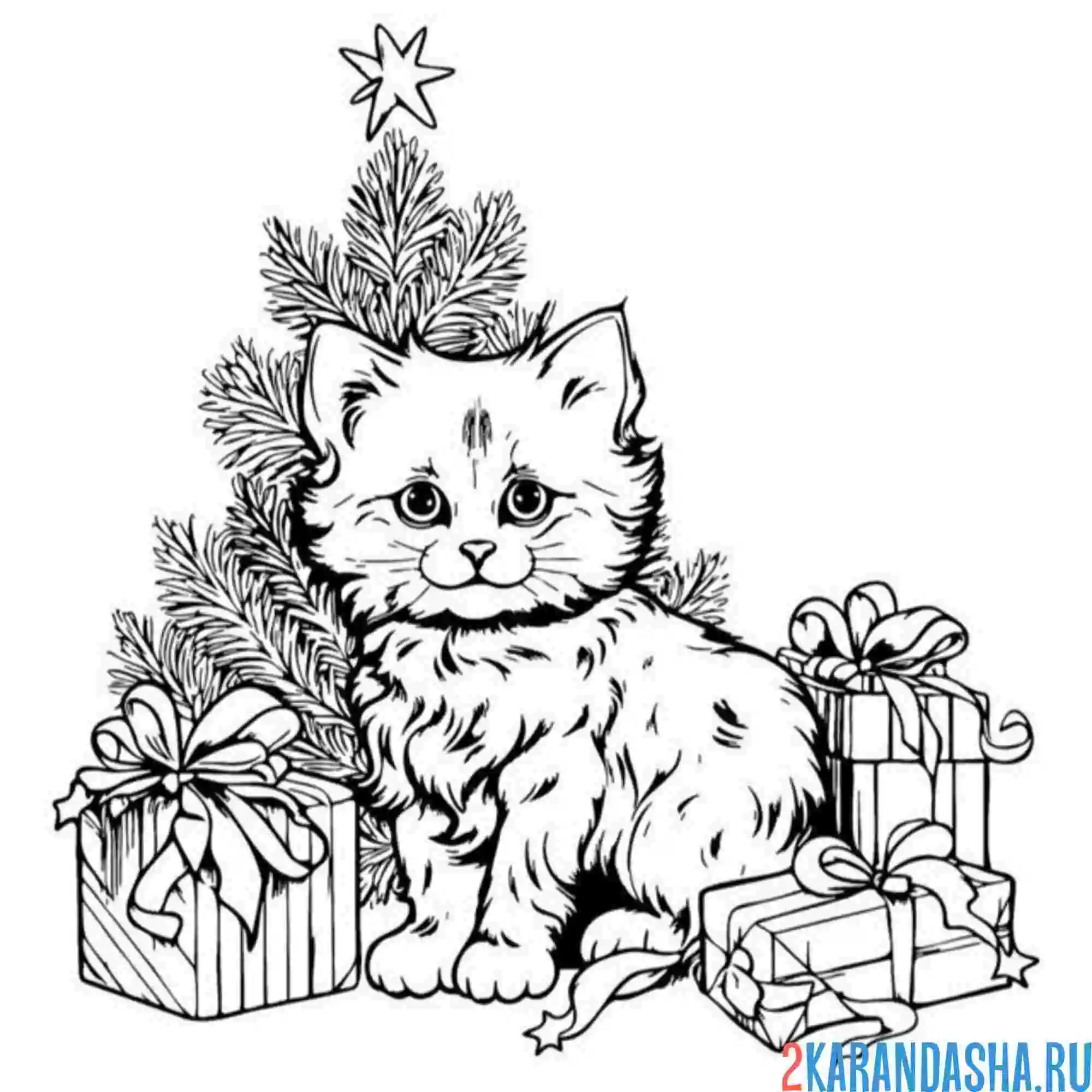 Раскраска елка новогодняя и котик