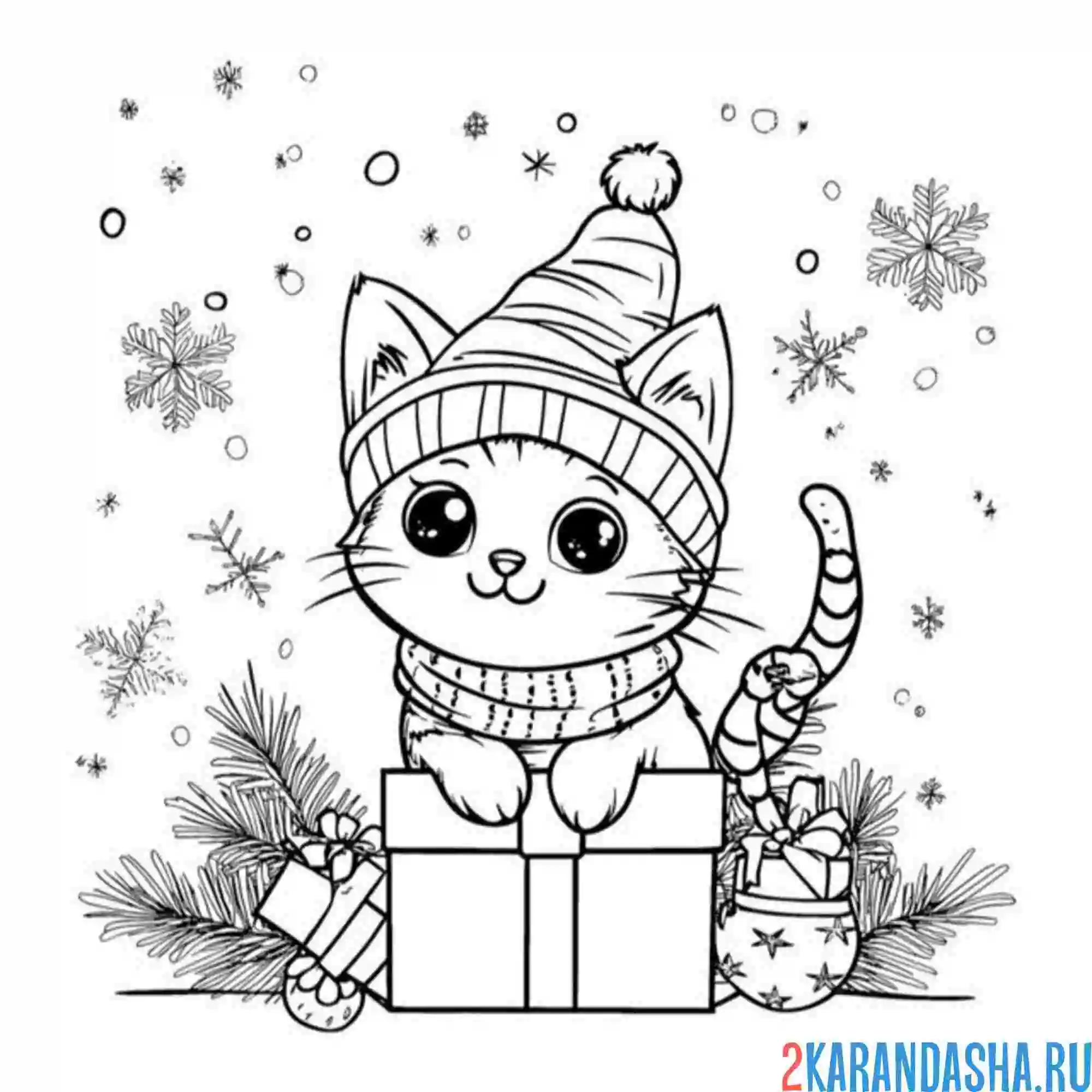 Раскраска новогодний котенок