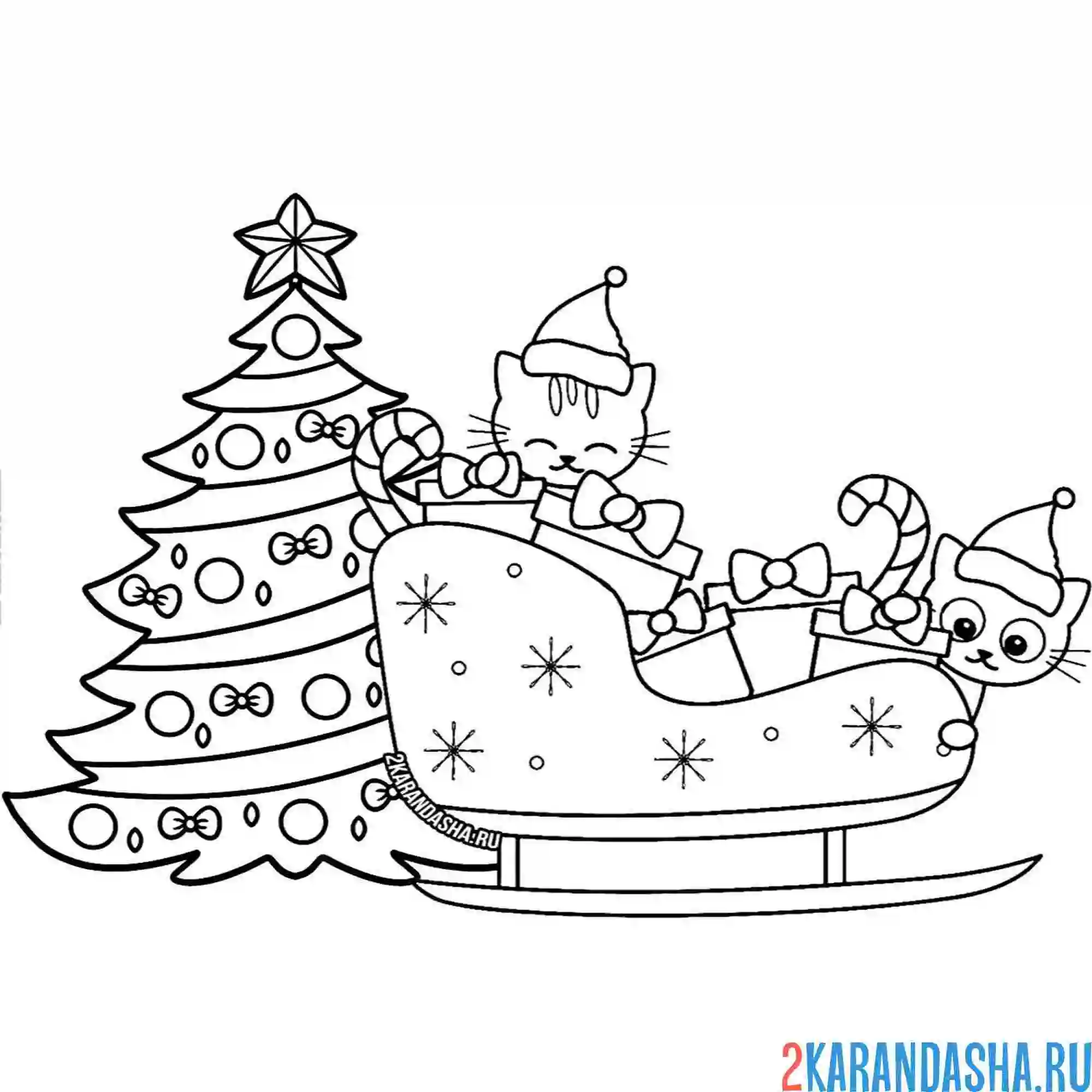Раскраска новогодние котики в санях