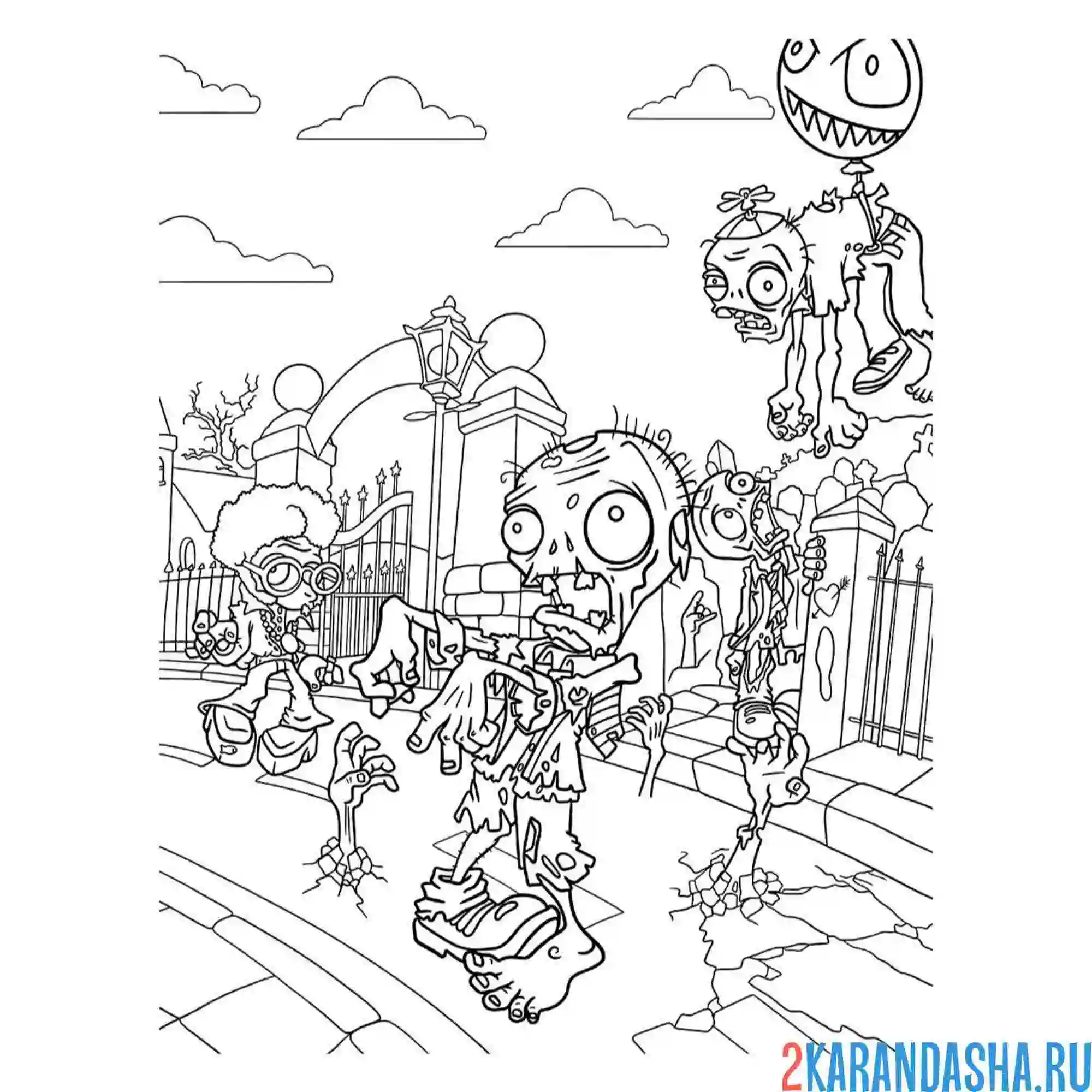 Раскраска зомби против растений нападение