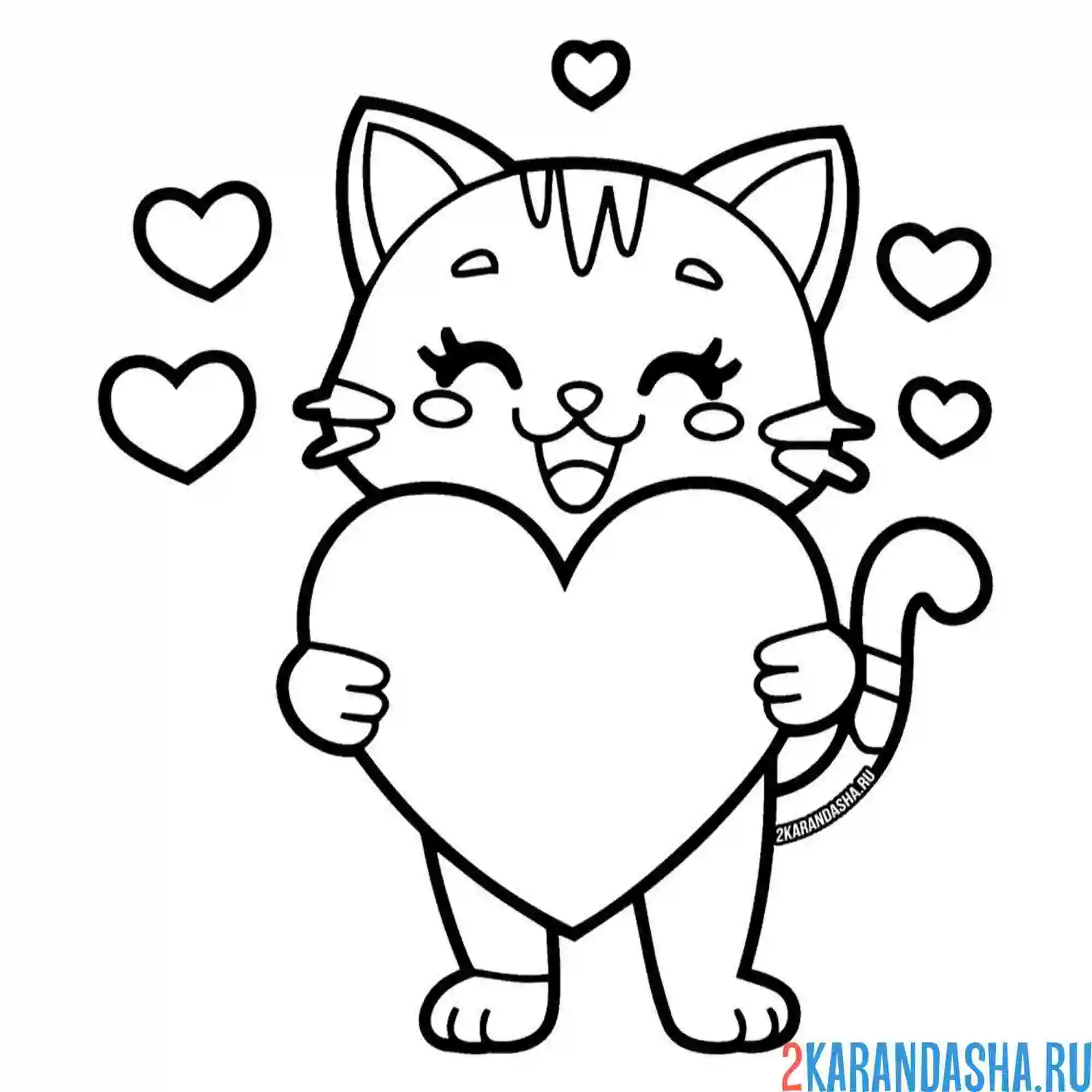 Раскраска милашный котик 14 февраля сердечко