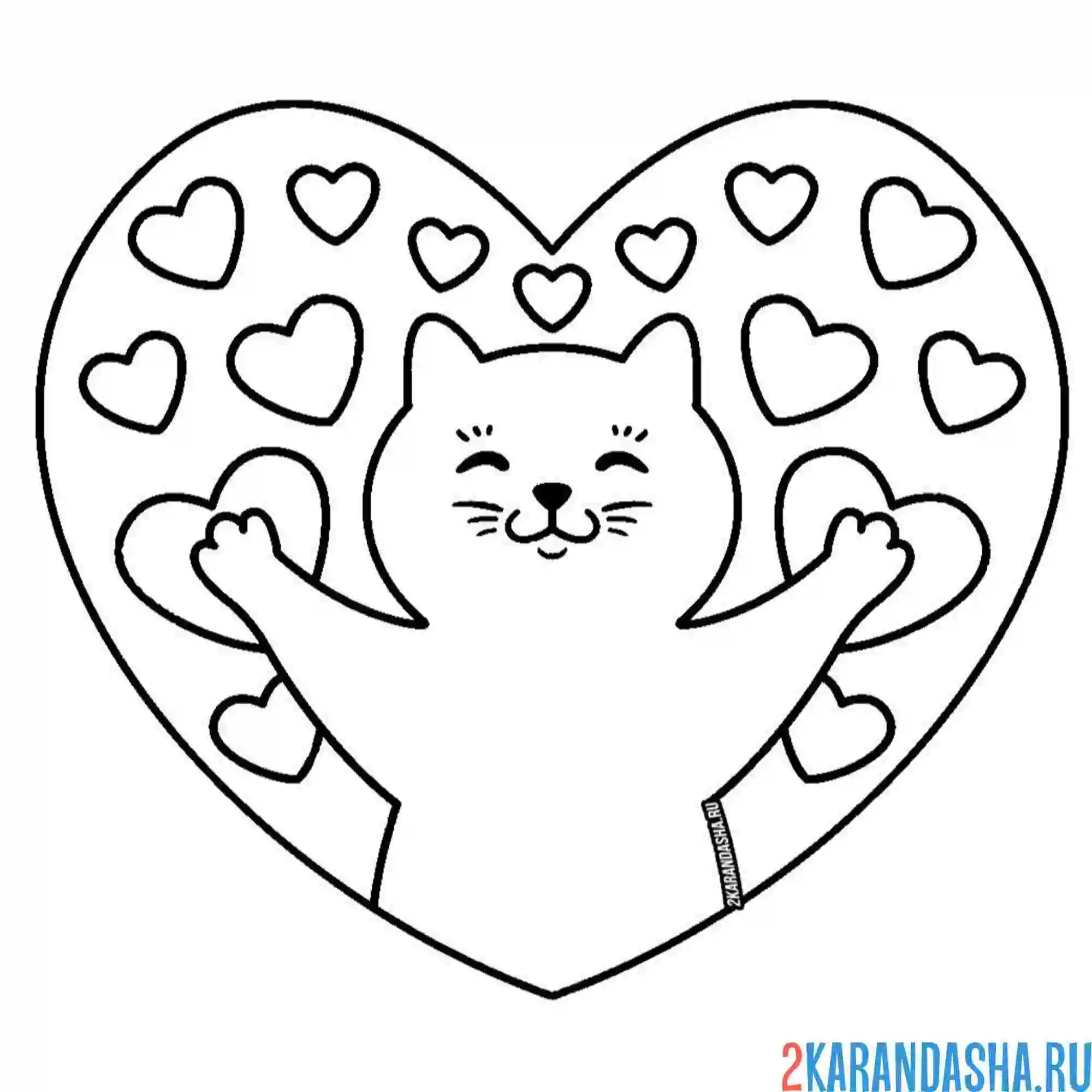 Раскраска валентинка 14 февраля котик