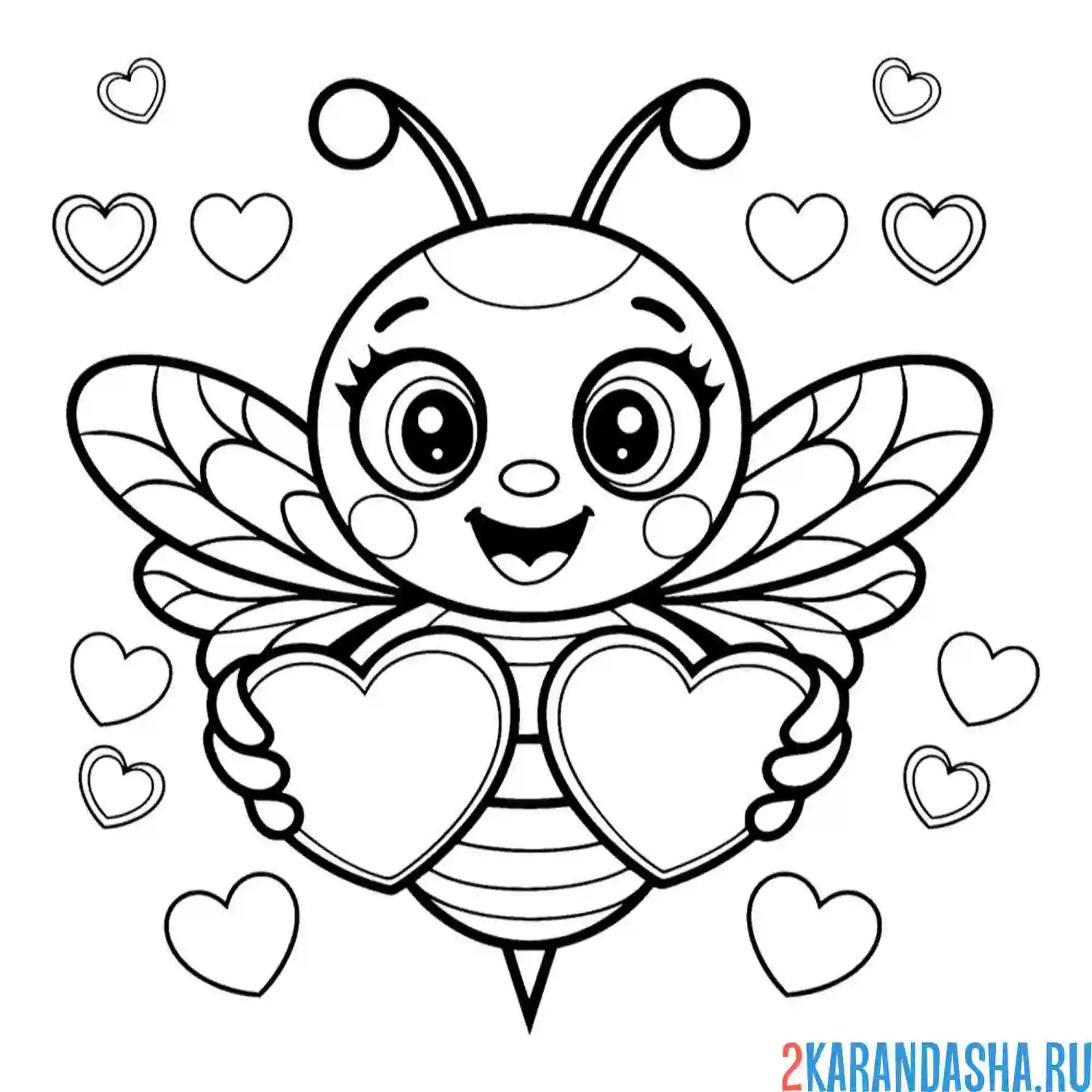 Раскраска пчела в сердечках