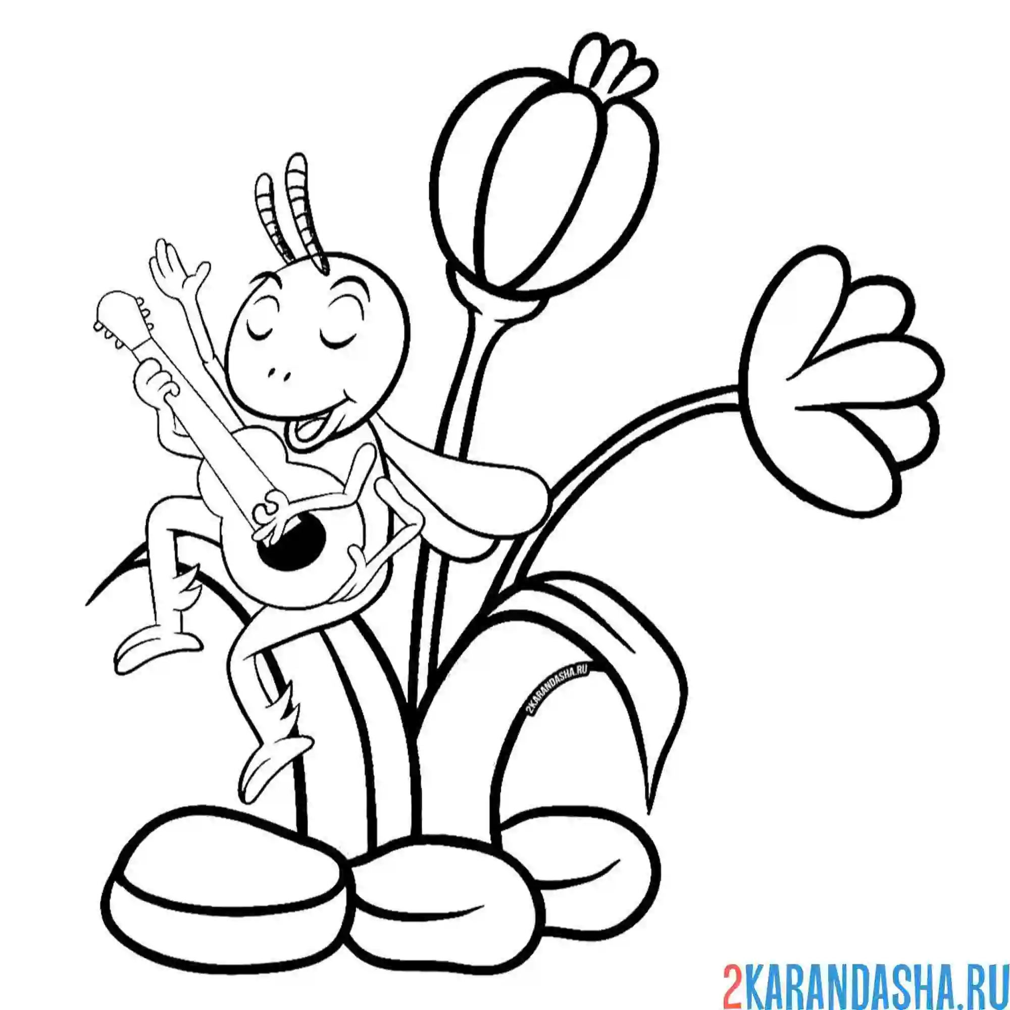 Раскраска кузнечик играет на гитаре