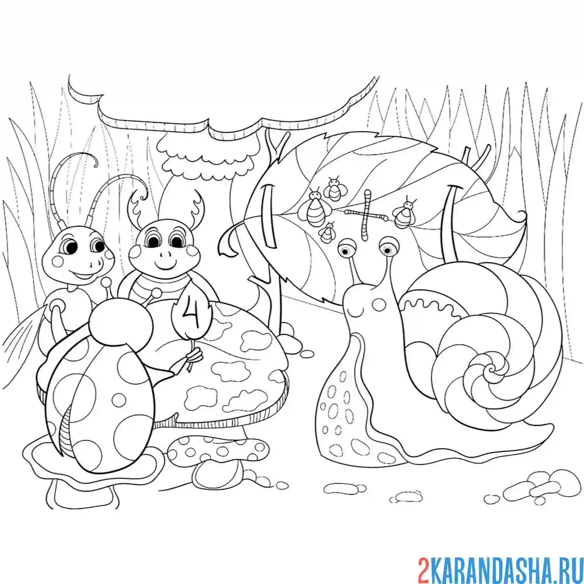 Раскраска улитка, муравей и насекомые