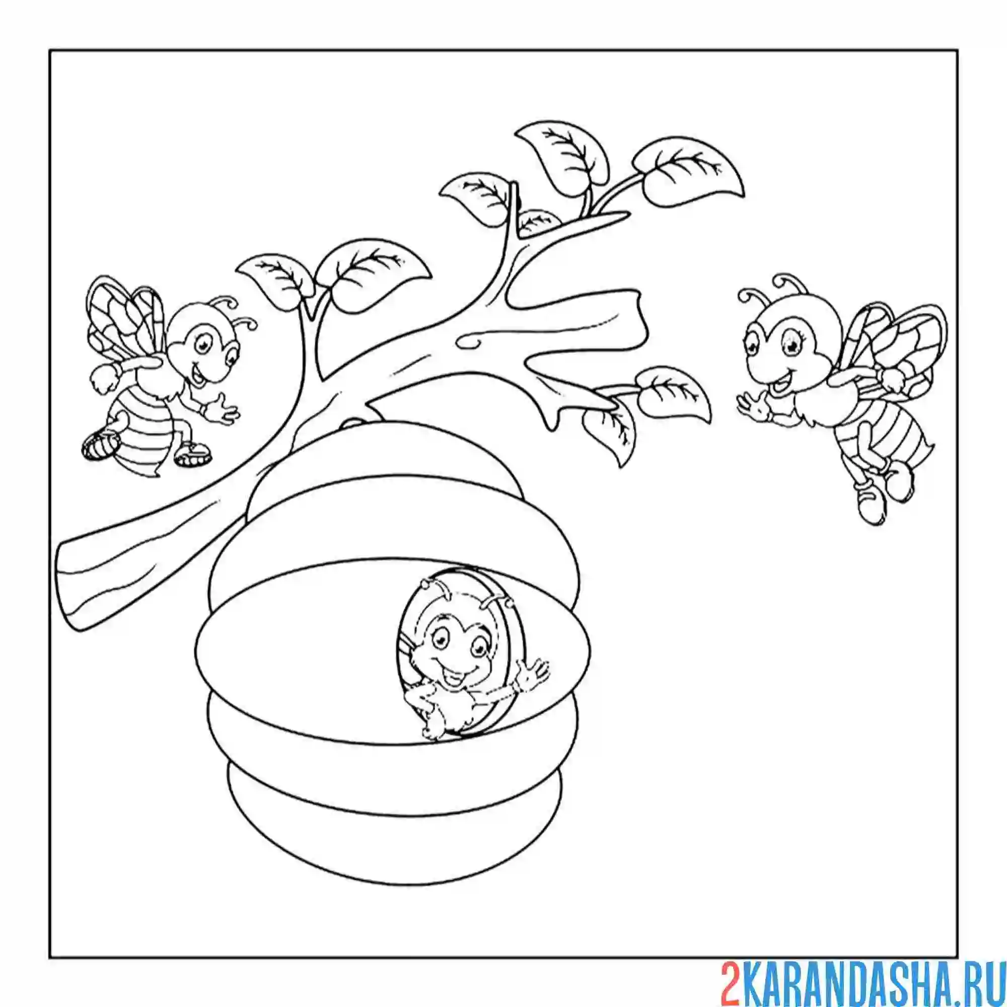 Раскраска насекомые улей и пчелки
