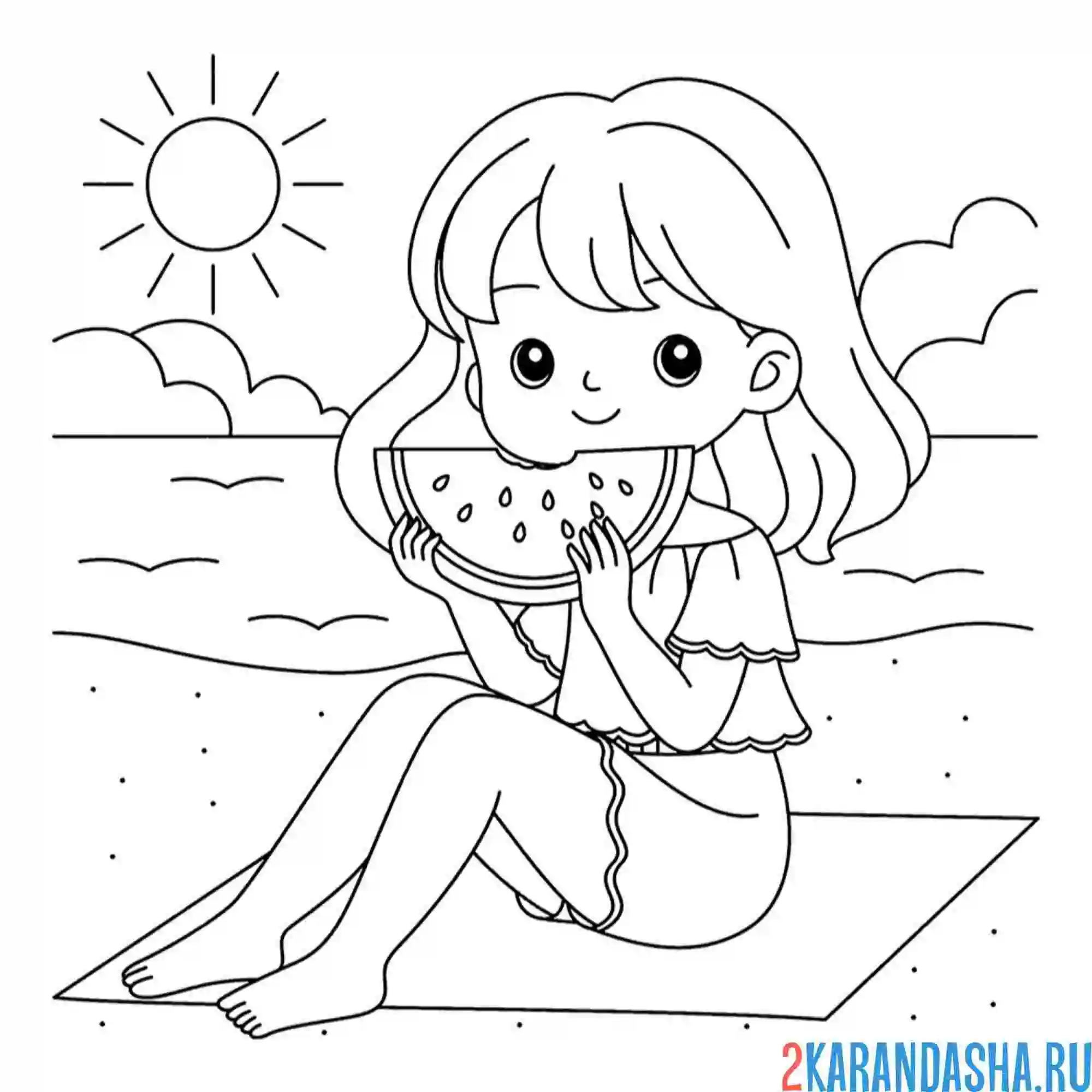 Раскраска девочка ест арбуз лето