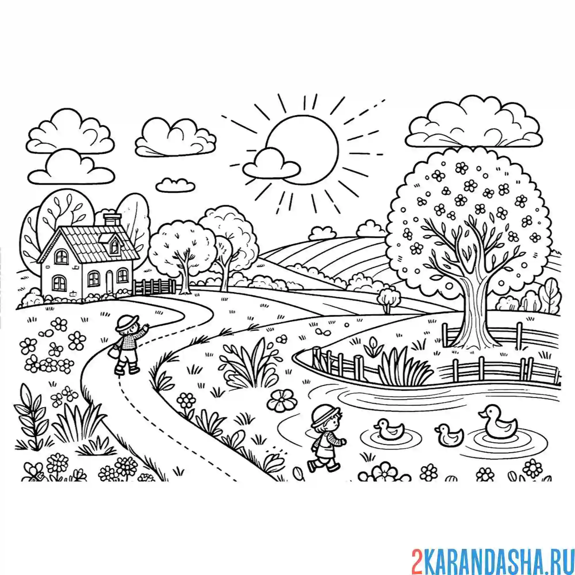 Раскраска летнее поле и дерево лето