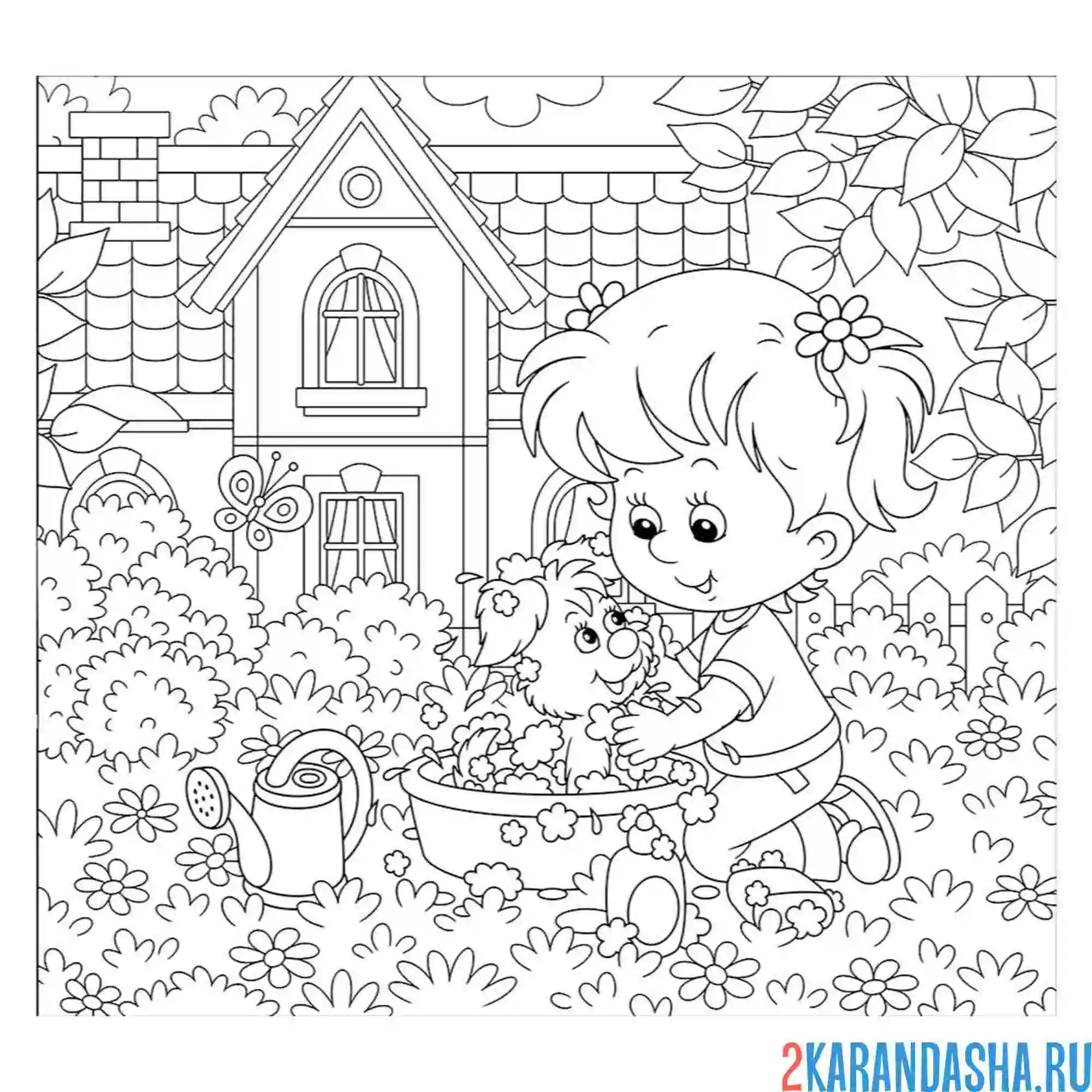 Раскраска летний сад и девочка