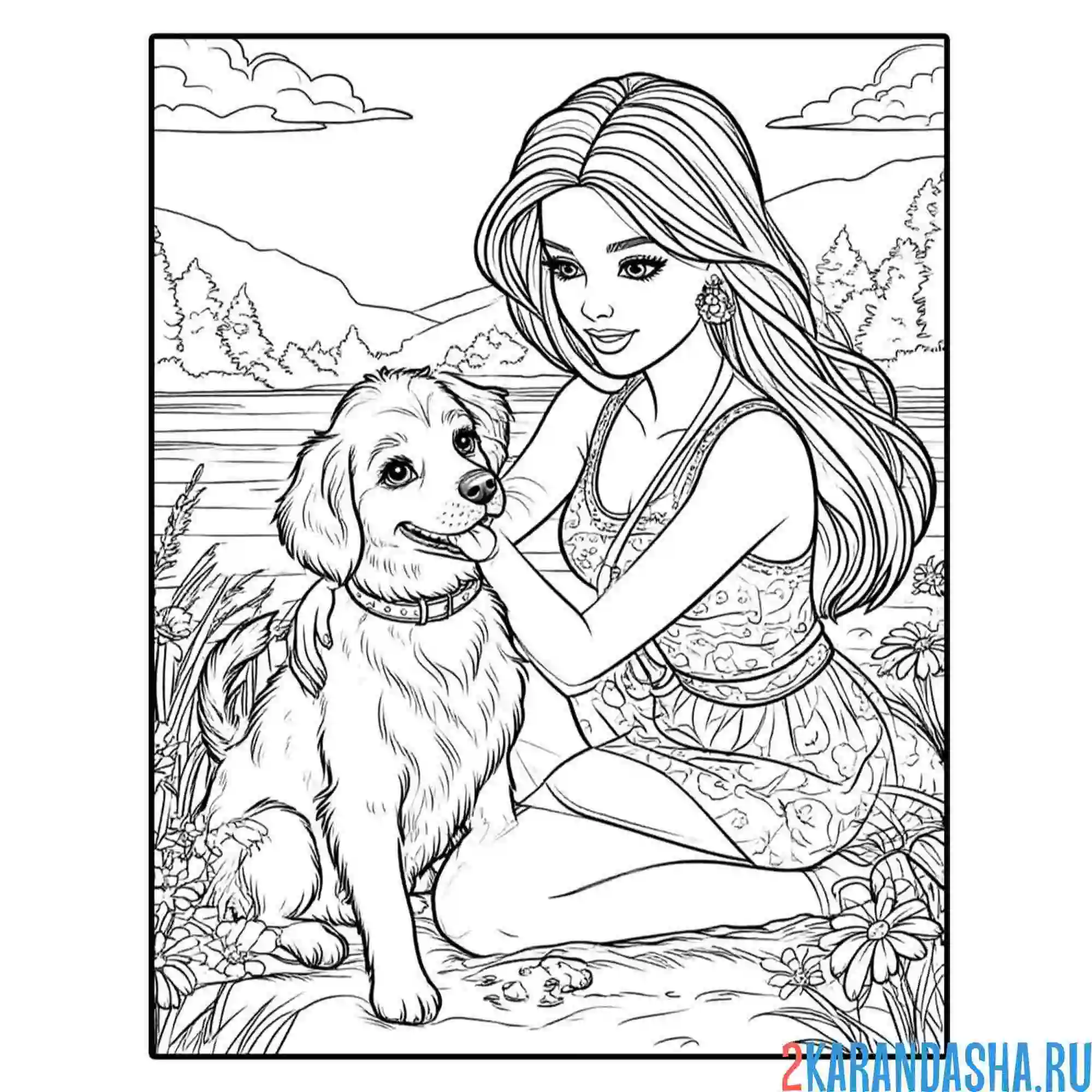 Раскраска барби чешет собачку