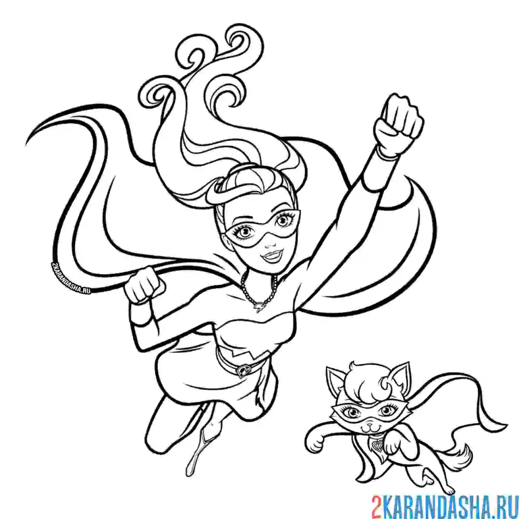 Раскраска барби супер-принцесса с кошечкой героем