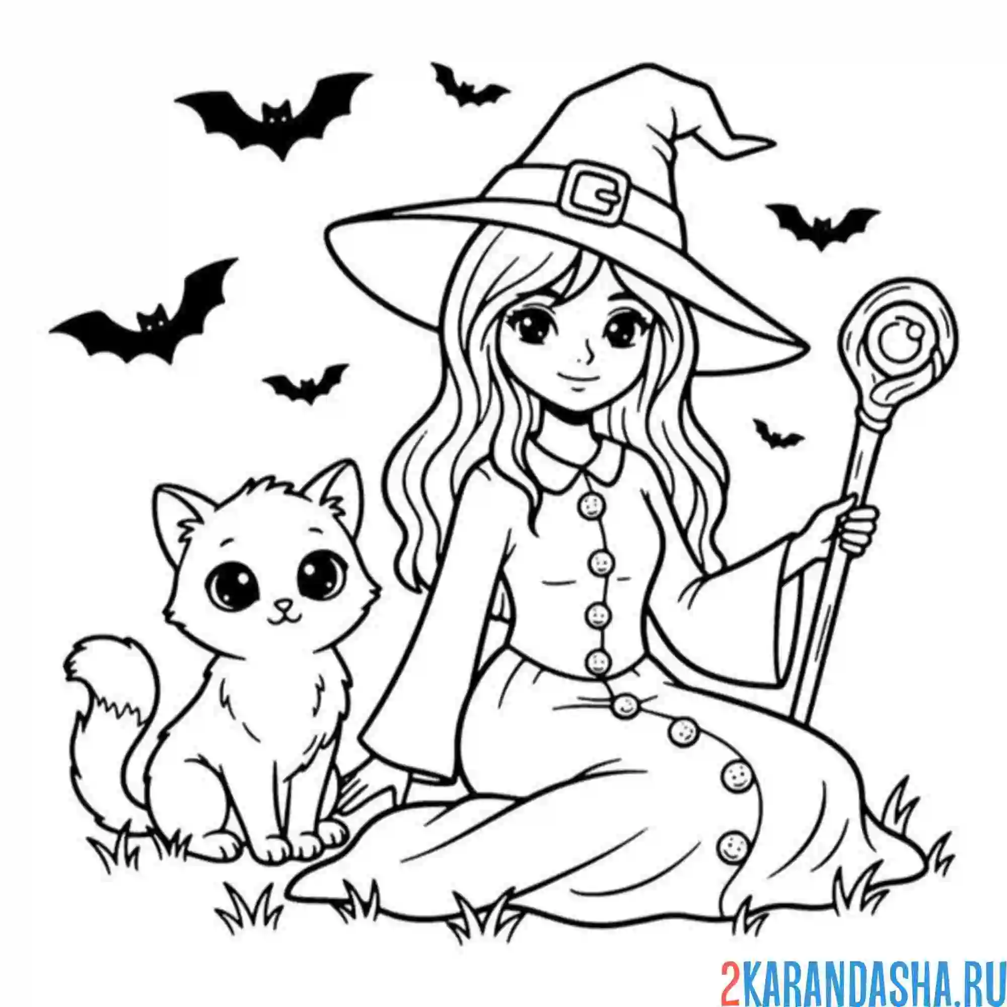Раскраска красивая маленькая ведьма и котик
