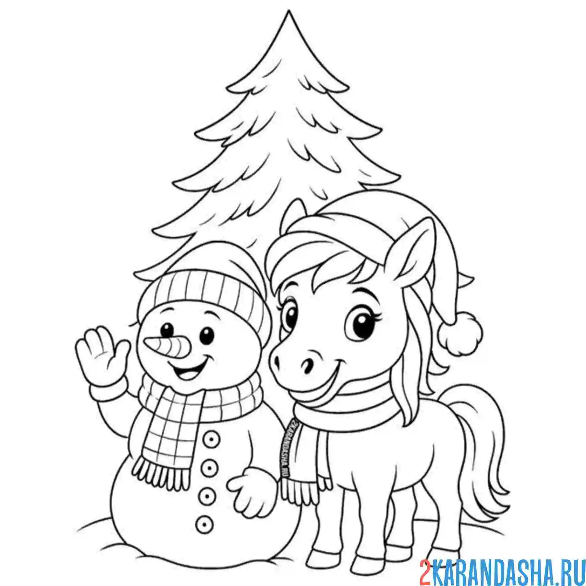 Раскраска снеговик и лошадка