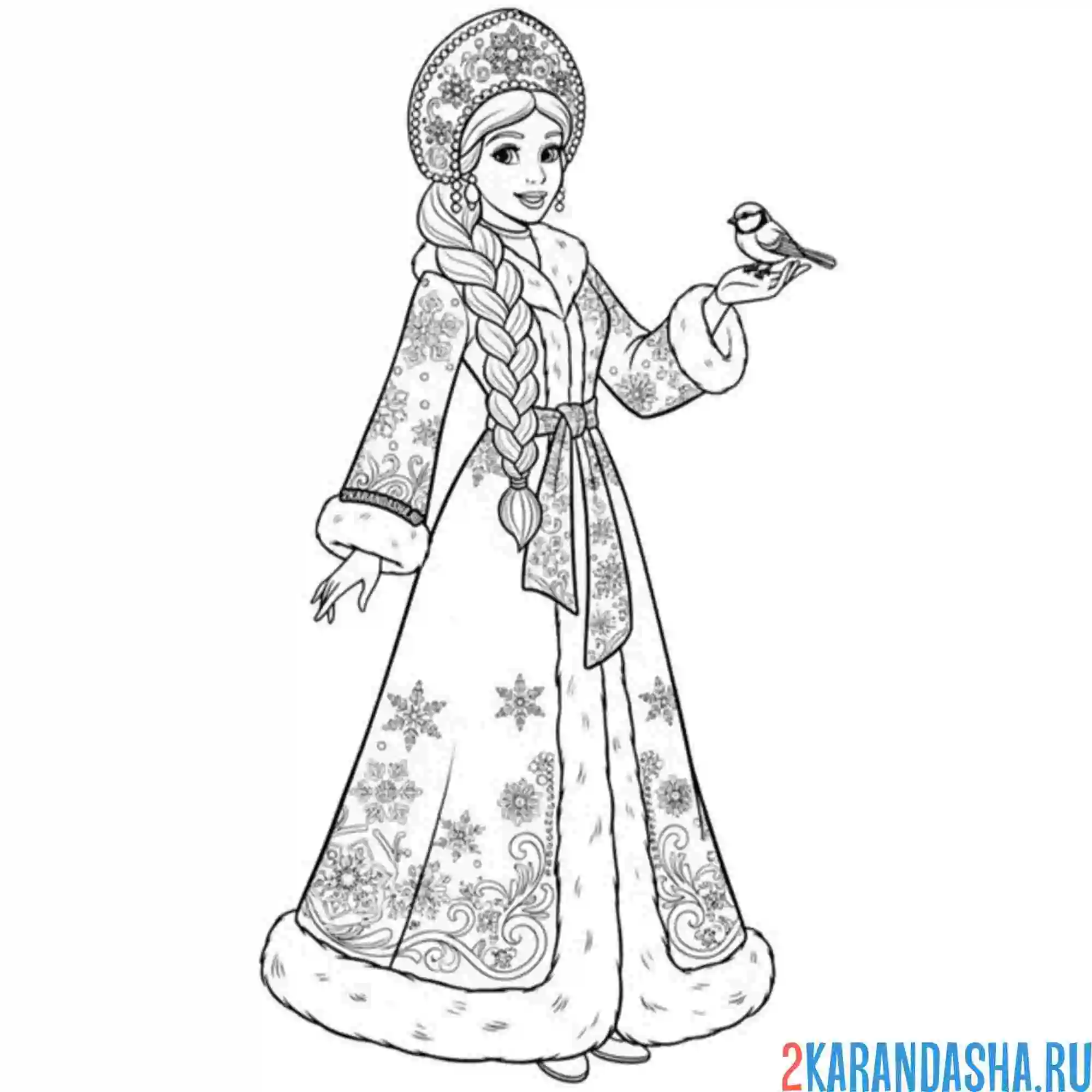 Раскраска снегурочка в шубке с птичкой