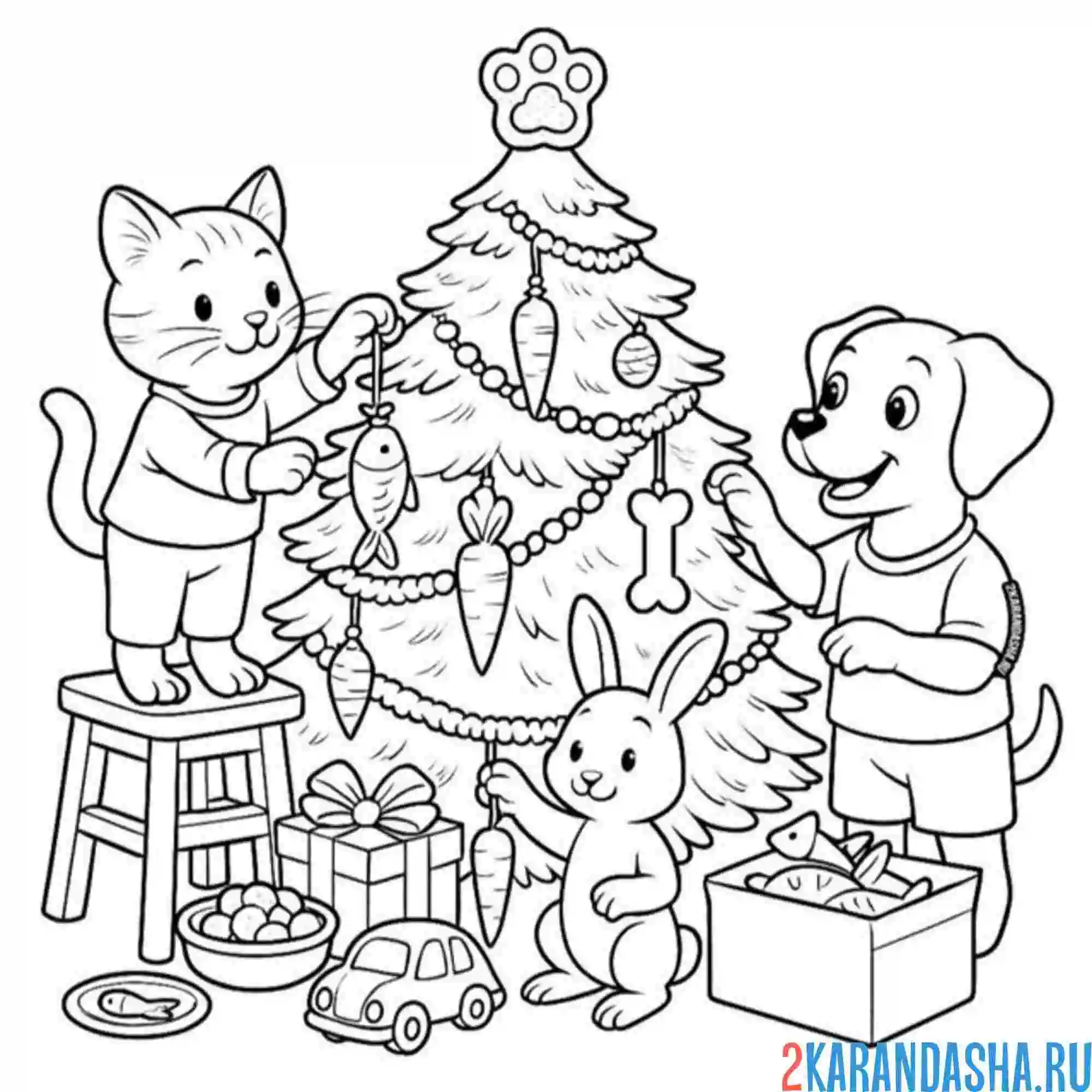 Раскраска новогодняя елка с котом, собакой и зайчиком