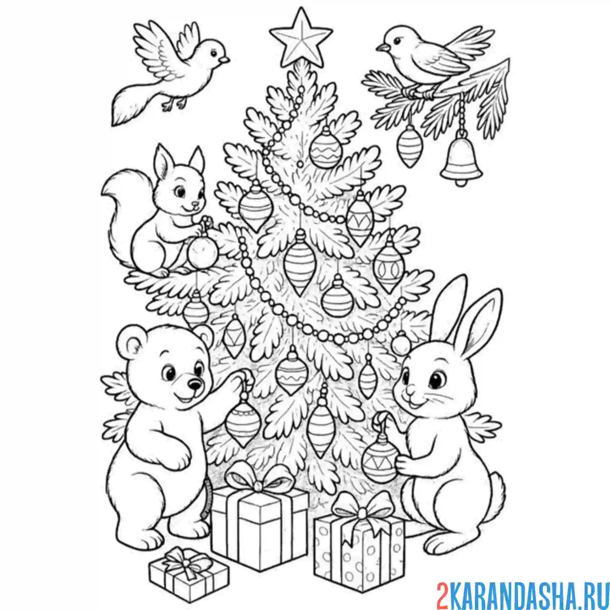 Раскраска медведь, заяц и белка наряжают елку