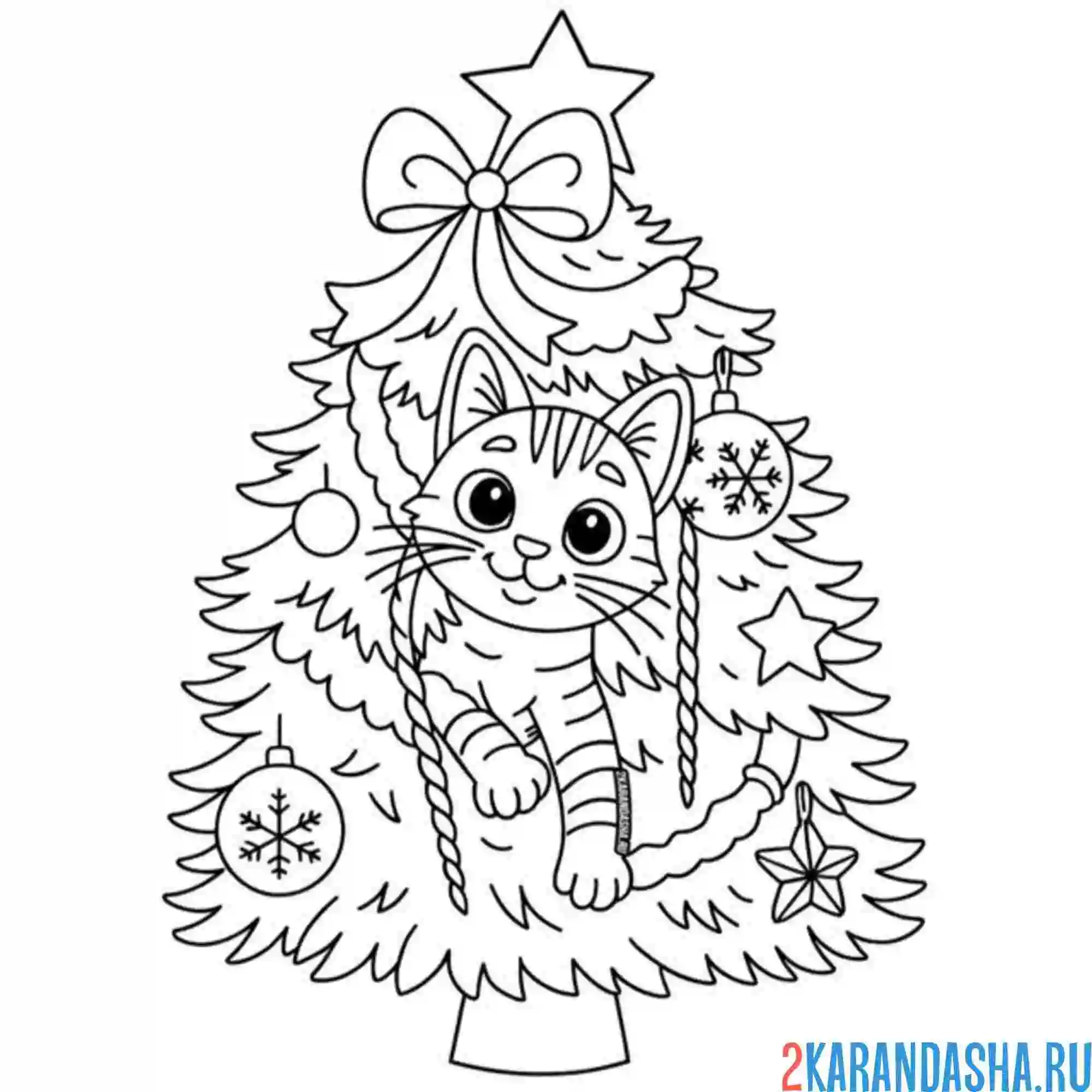 Раскраска котик спрятался в елке