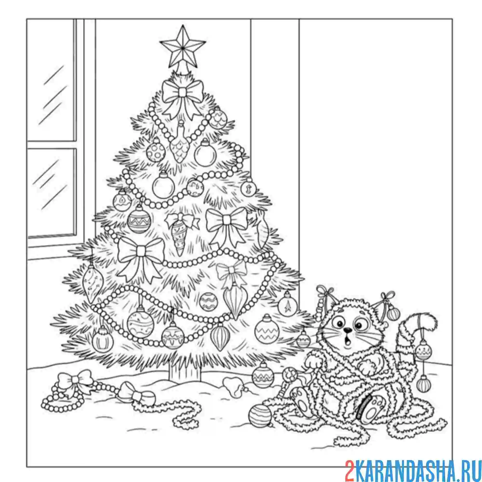 Раскраска котик запутался в мешуре