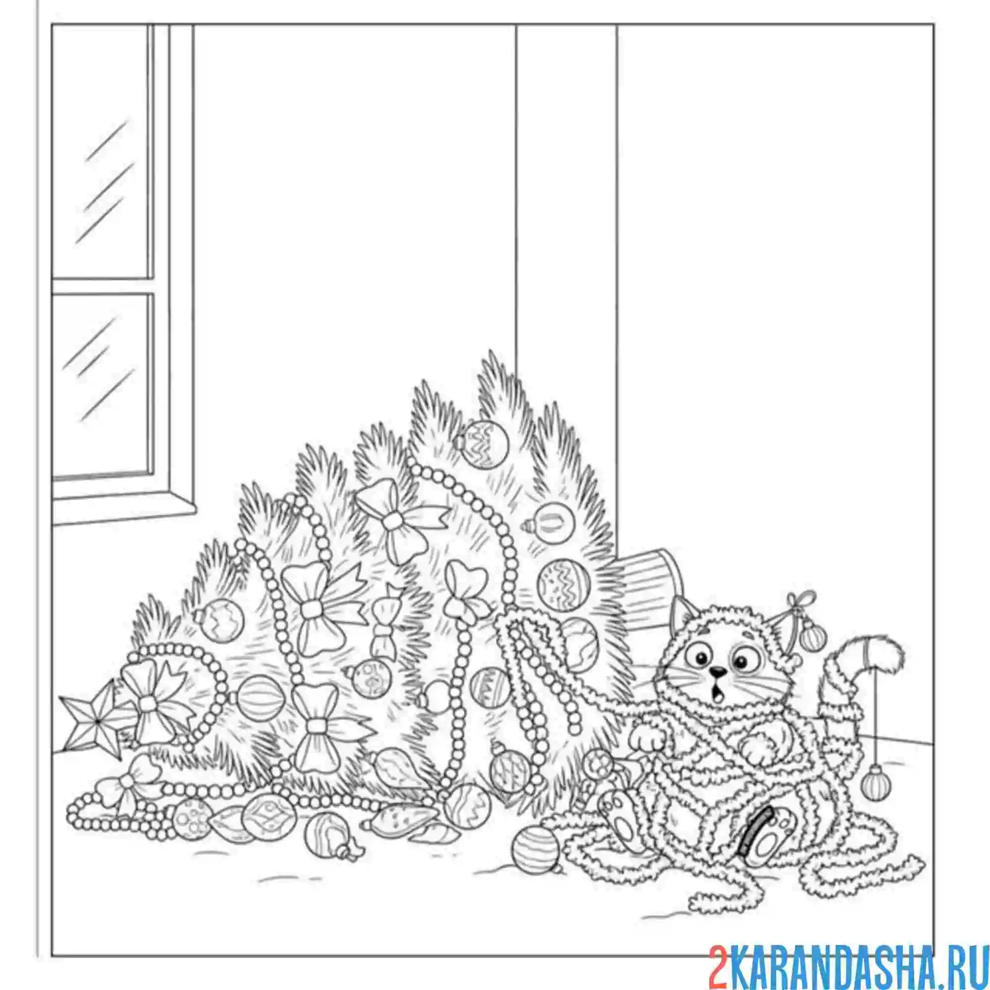 Раскраска котик уронил елку